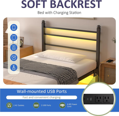 Twin Bed Frame with LED Lights & Charging Station, Metal Platform Bed with Headboard, Heavy Duty Metal Slats, No Box Spring Needed, Noise Free, Easy Assembly, Black