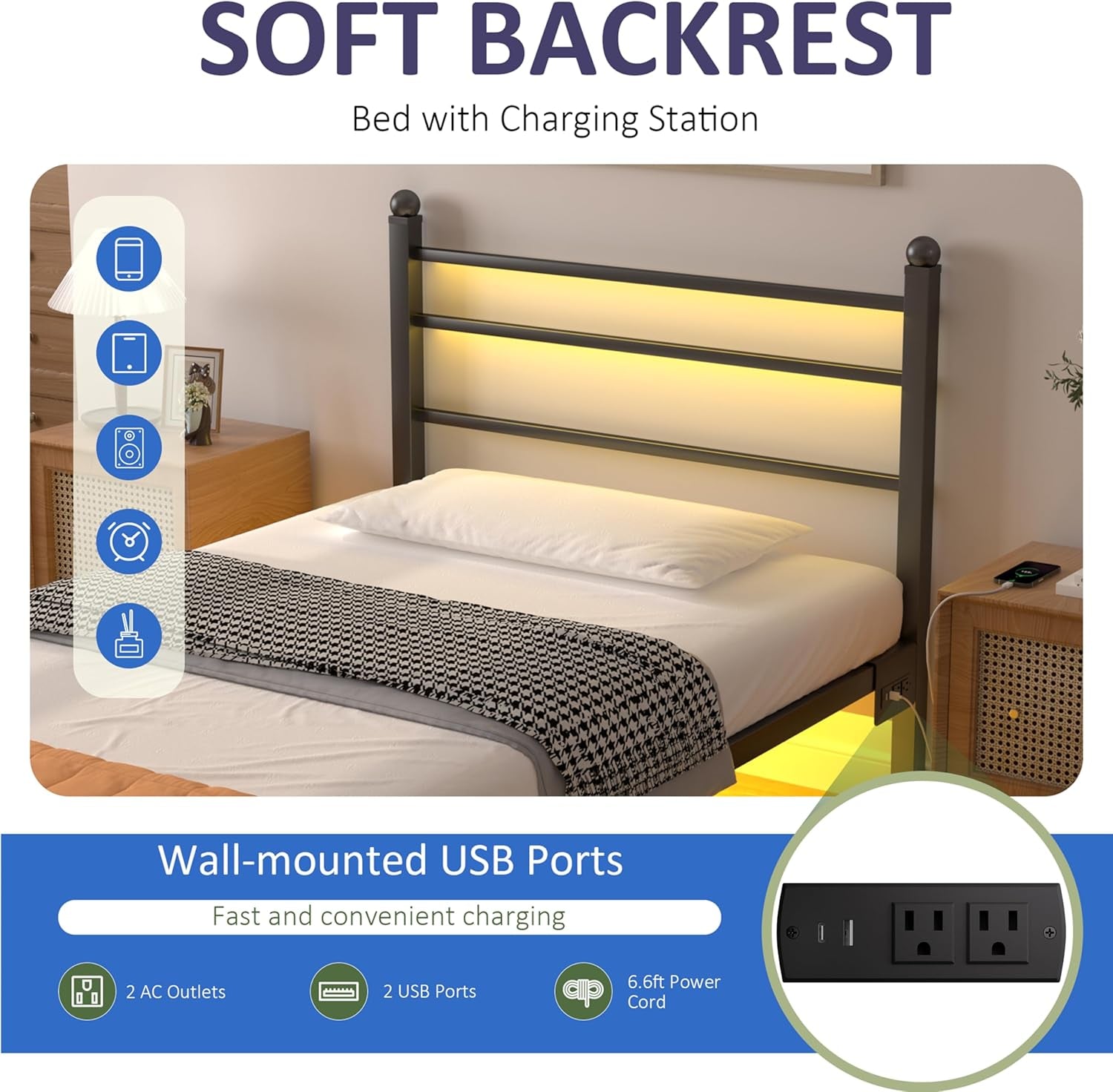 Metal Platform Twin Bed Frame with LED Lights, Charging Station, Headboard, Heavy Duty Slats, No Box Spring Required, Black