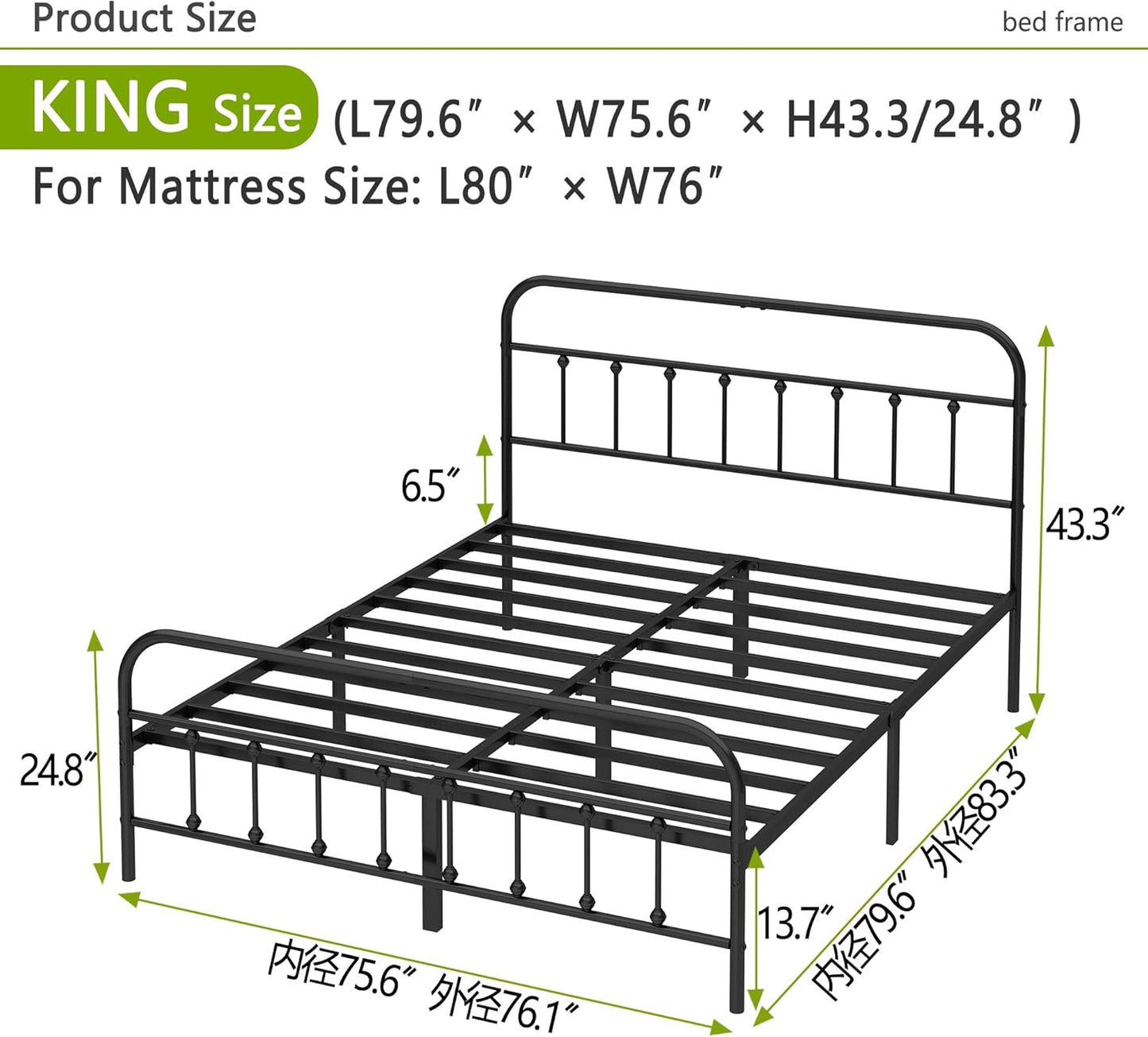 Metal Bed Frame - Structurally Stable Heavy Duty Steel Slat Supported King Bed Frames,No Box Spring Needed for Easy Removal and Transport.