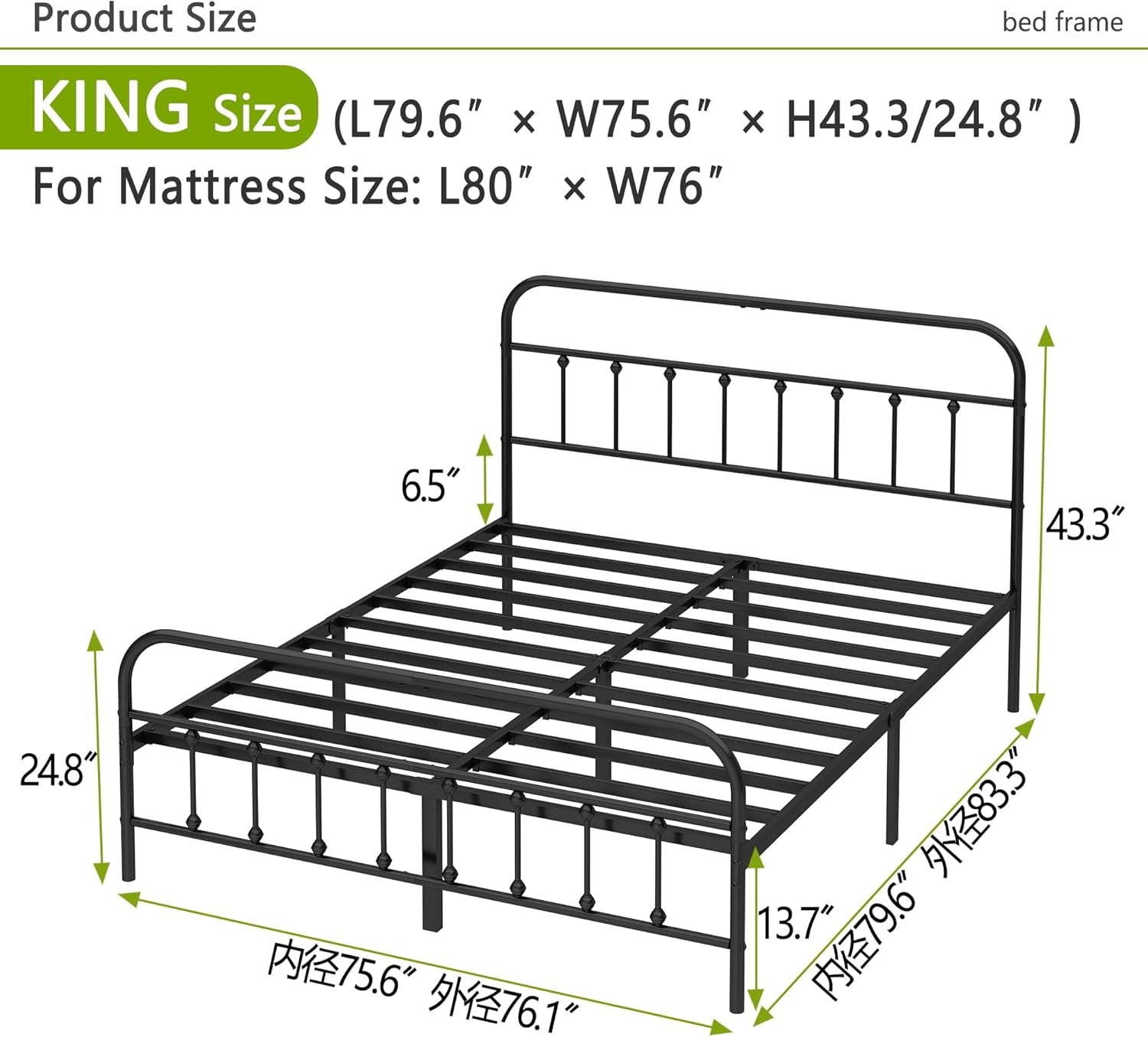 Metal Bed Frame - Structurally Stable Heavy Duty Steel Slat Supported King Bed Frames,No Box Spring Needed for Easy Removal and Transport.