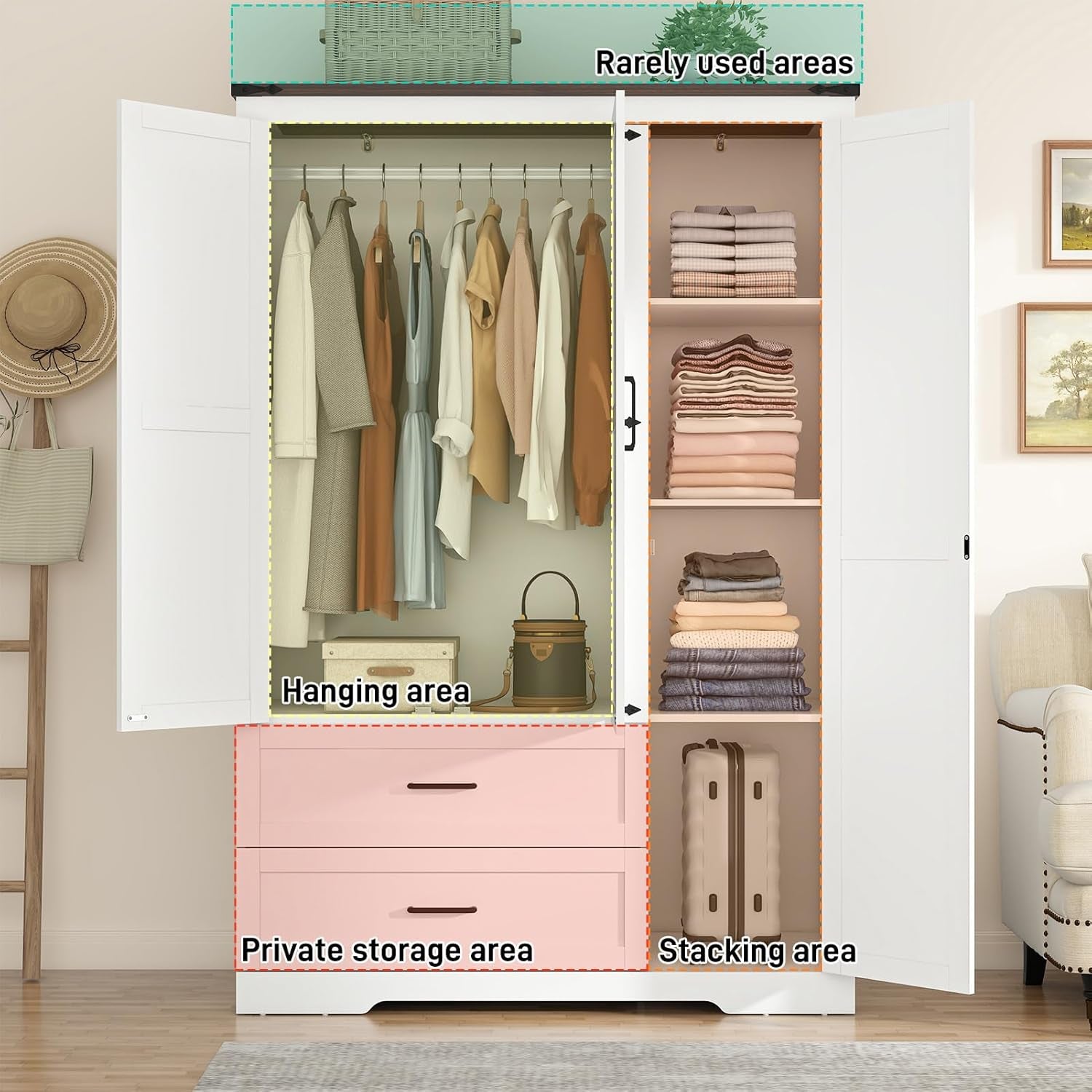 Farmhouse Wardrobe Armoire Closet with 3 Doors and 2 Drawers, 70.1" Wooden Clothing Storage Cabinet, Freestanding Large Capacity Storage Wardrobe Armoire with Hanging Rod for Bedroom, White