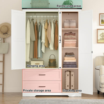 Farmhouse Wardrobe Armoire Closet with 3 Doors and 2 Drawers, 70.1" Wooden Clothing Storage Cabinet, Freestanding Large Capacity Storage Wardrobe Armoire with Hanging Rod for Bedroom, White