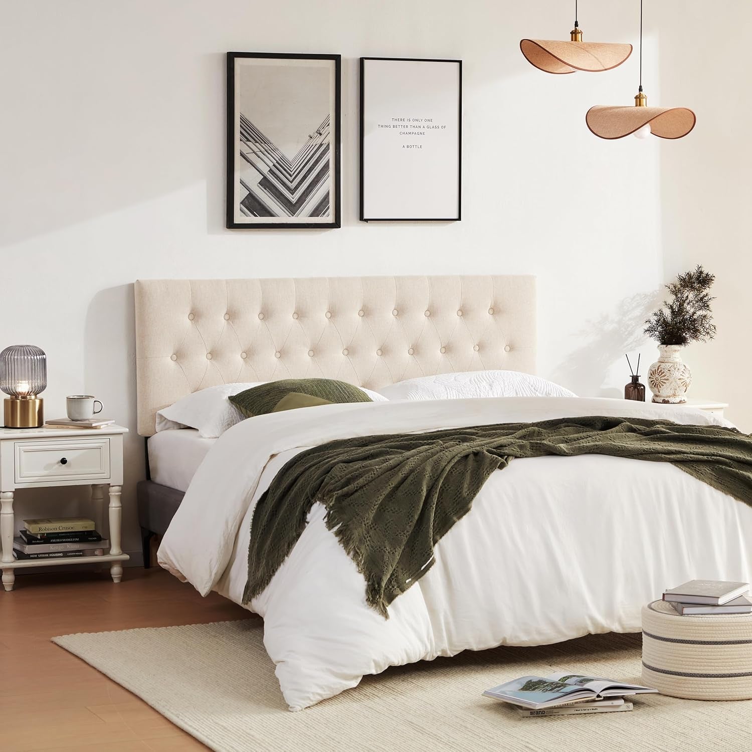 Tufted Upholstered Headboard Queen Size, Solid Wood Head Board with Durable Metal Legs, Adjustable Height Bed Headboard from 37” to 51” Fabric Headboard in Modern Button Design, Beige