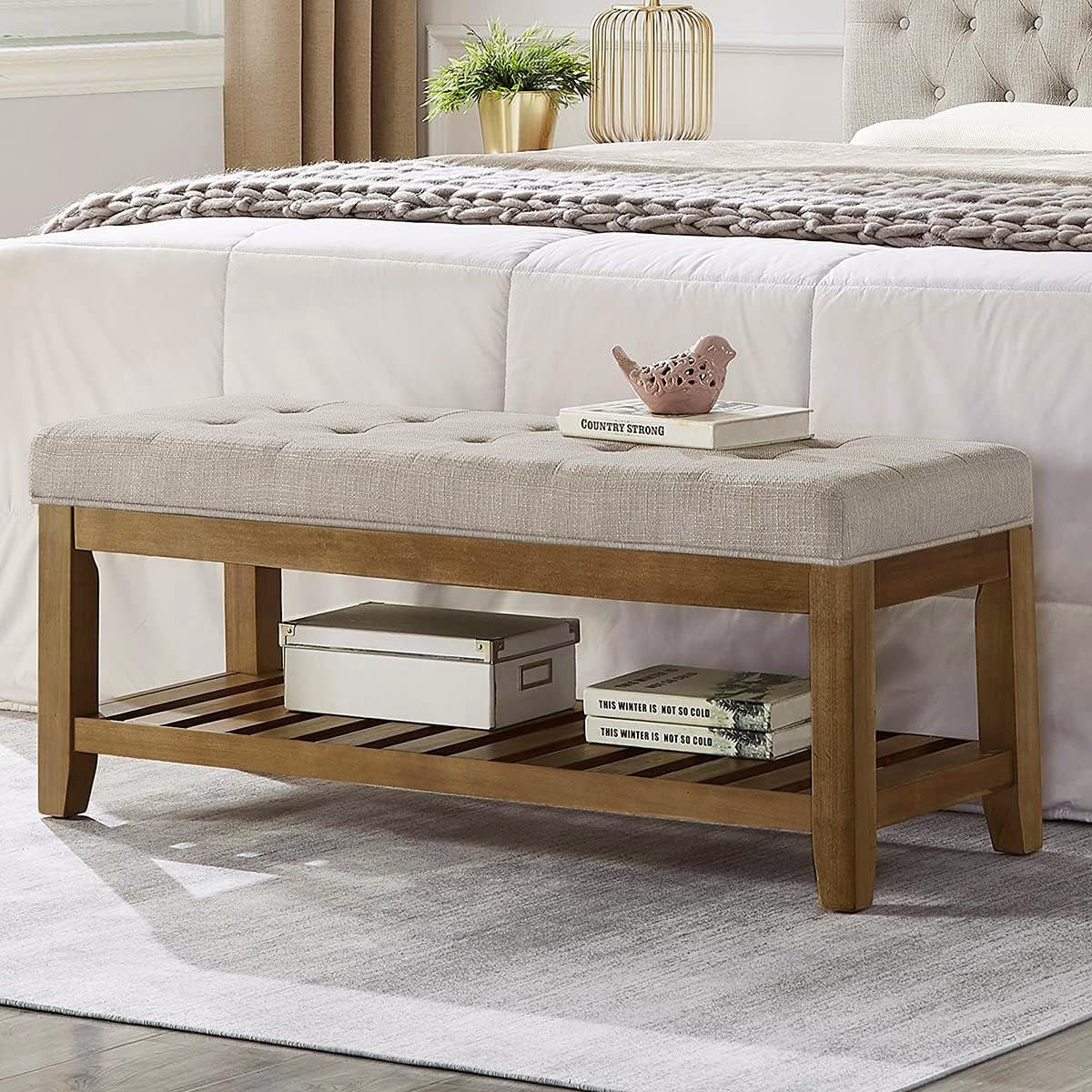 Large Rectangular Upholstered Tufted Linen Fabric Ottoman Bench, Padded Bench with Solid Wood Shelf-Linen