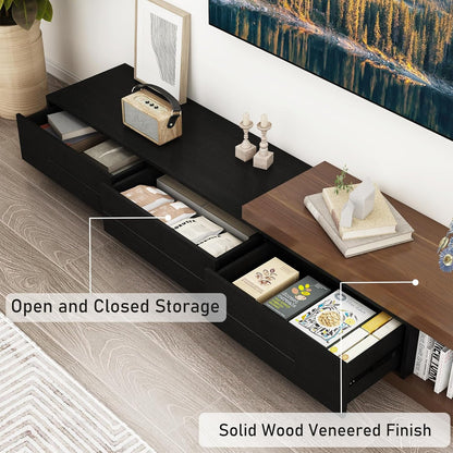 Extendable TV Stand, Modern Entertainment Center for up to 120 Inch TV, Wood Reversible TV Media Console with 3 Drawers for Living Room Bedroom, 82-110"(Black& Walnut)