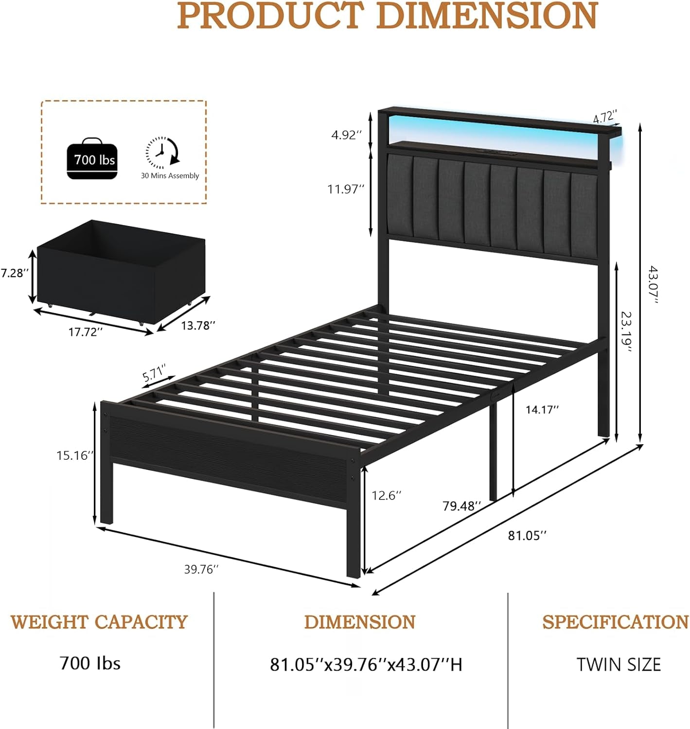 Twin Bed Frames with Charging Station and LED Lights, Grey Upholstered Headboard with Shelves, Metal Platform Bed with 2 Under-Bed Storage (Fabric Drawer on Wheels), No Box Spring Needed