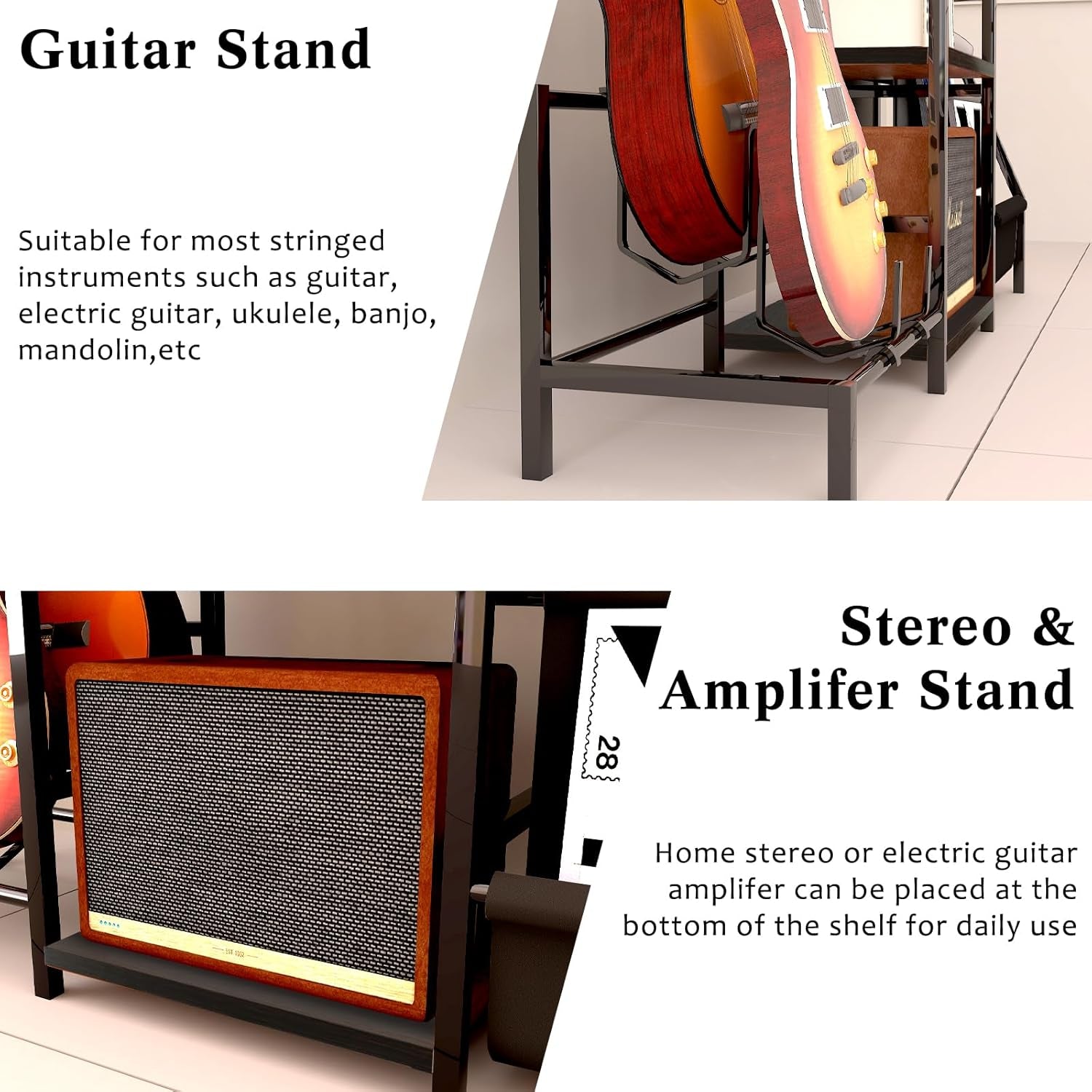 Guitar Stand & Record Player Table - 3-Tier Vinyl Record Storage for Acoustic, Electric Guitar, Bass, Speaker, Amp