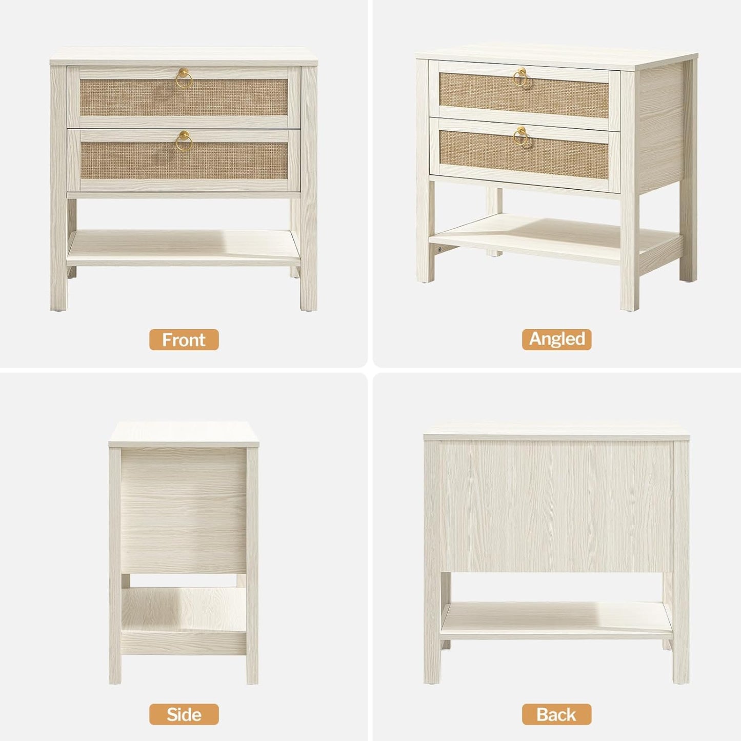 White Night Stand Set of 2, Large Nightstand with Drawers and Storage Shelf - Rattan Boho Bedside Table Narrow Side Table for Bedroom, Small Space