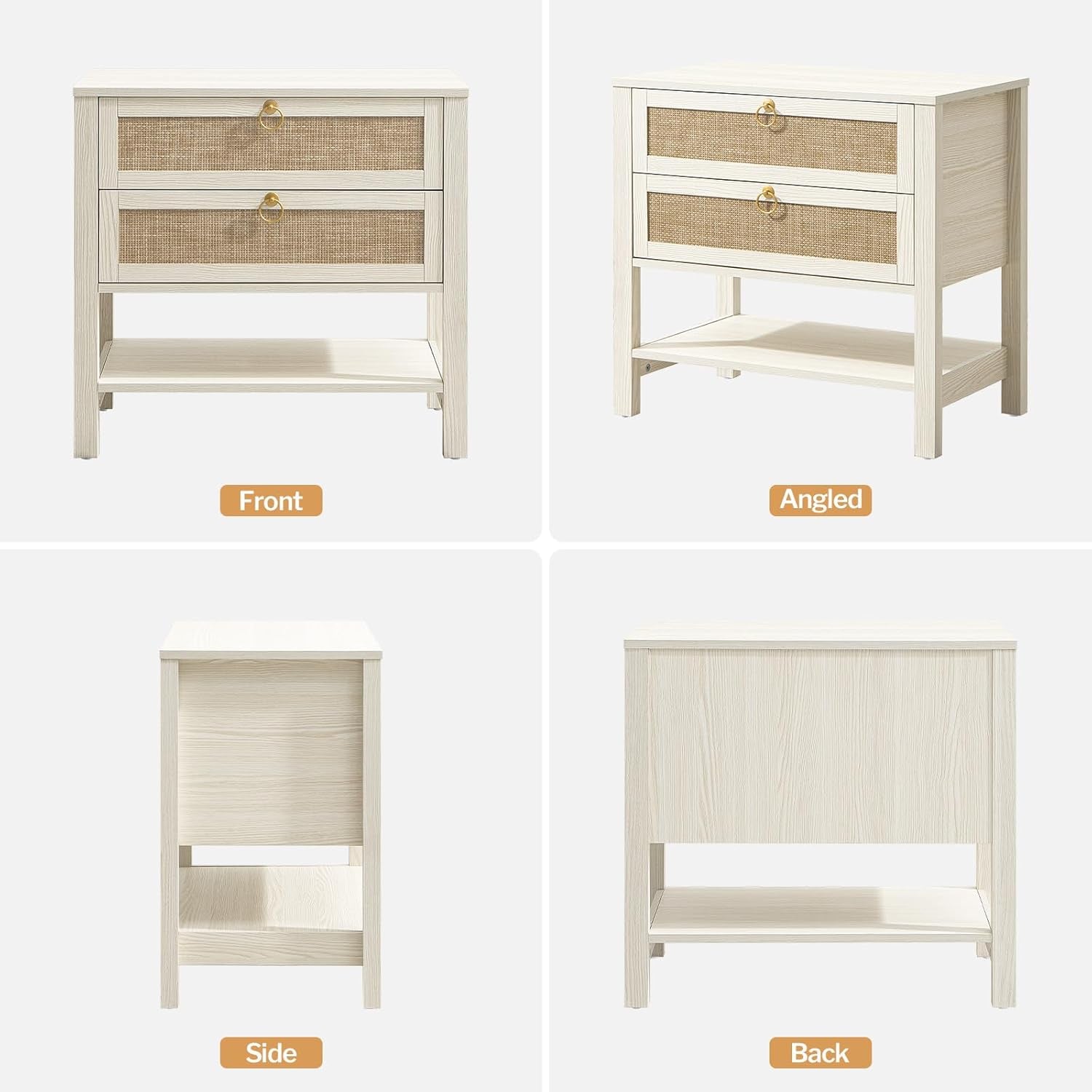 White Night Stand Set of 2, Large Nightstand with Drawers and Storage Shelf - Rattan Boho Bedside Table Narrow Side Table for Bedroom, Small Space