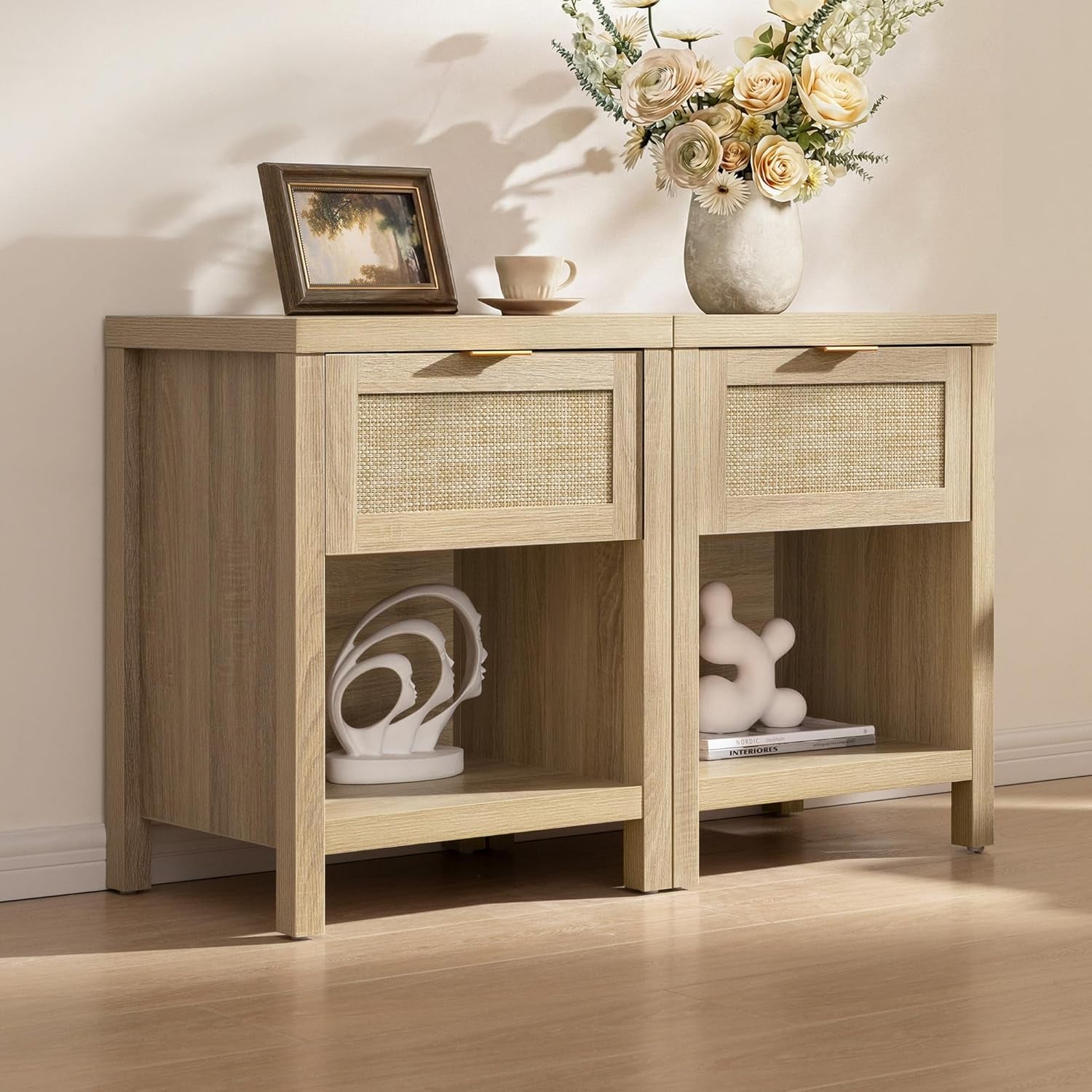 Rattan Nightstands Set of 2, Farmhouse Night Stand Bedside Table with Drawer and Storage Shelf - Boho End Side Table for Bedroom, Light Oak