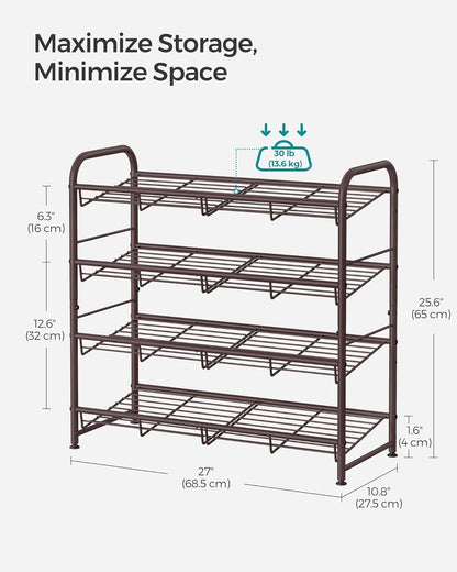 Stackable Shoe Rack, 4 Tier Metal Shoes Rack Storage Shelf, Holds up to 16 Pairs Shoes, Adjustable Slanted Shelves Tower Organizer for Closet Entryway Small Spaces, Bronze
