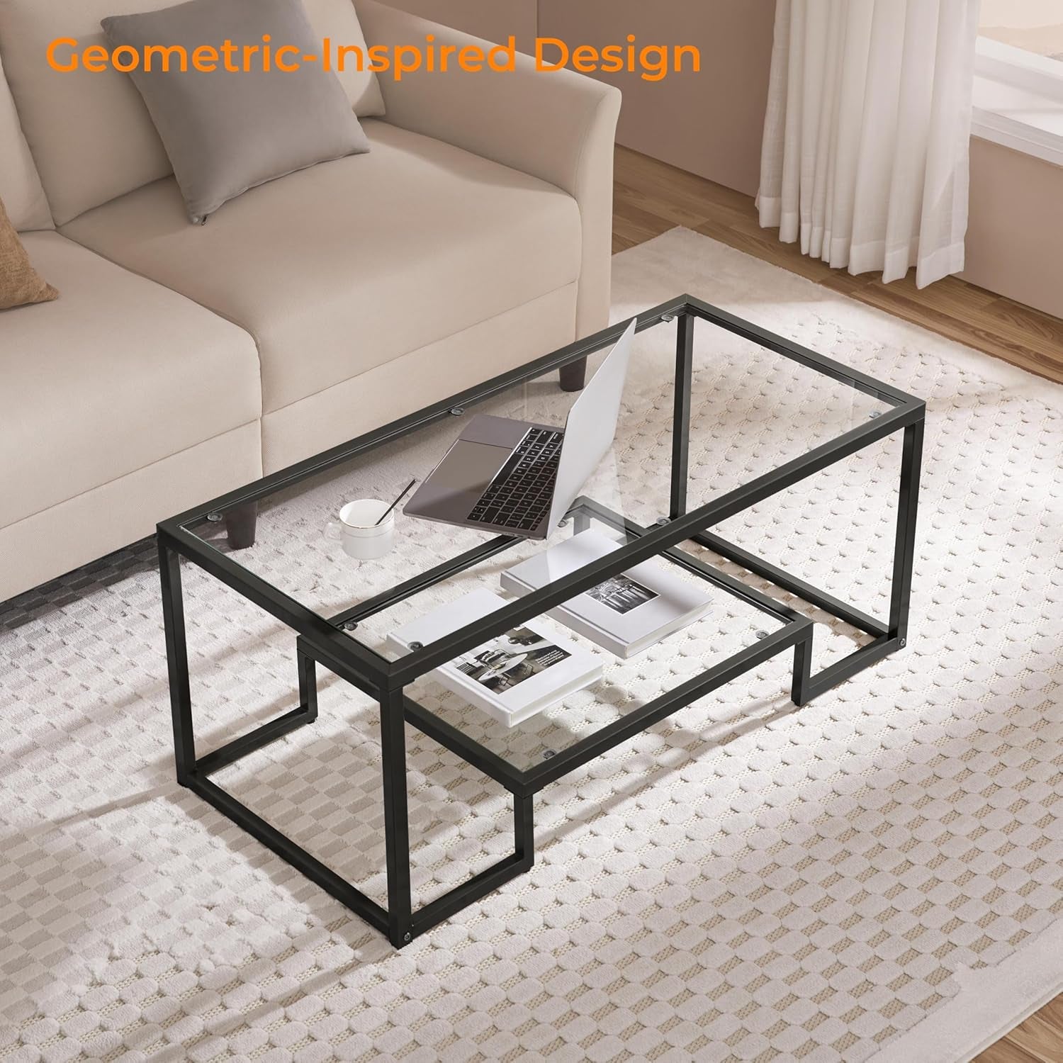 Coffee Table, Tempered Glass Coffee Table, Modern Simple Center Tables W/Geometric-Inspired Design & Metal-Frame & Easy Assembly & Open Storage Shelf for Living Room, Office, Black