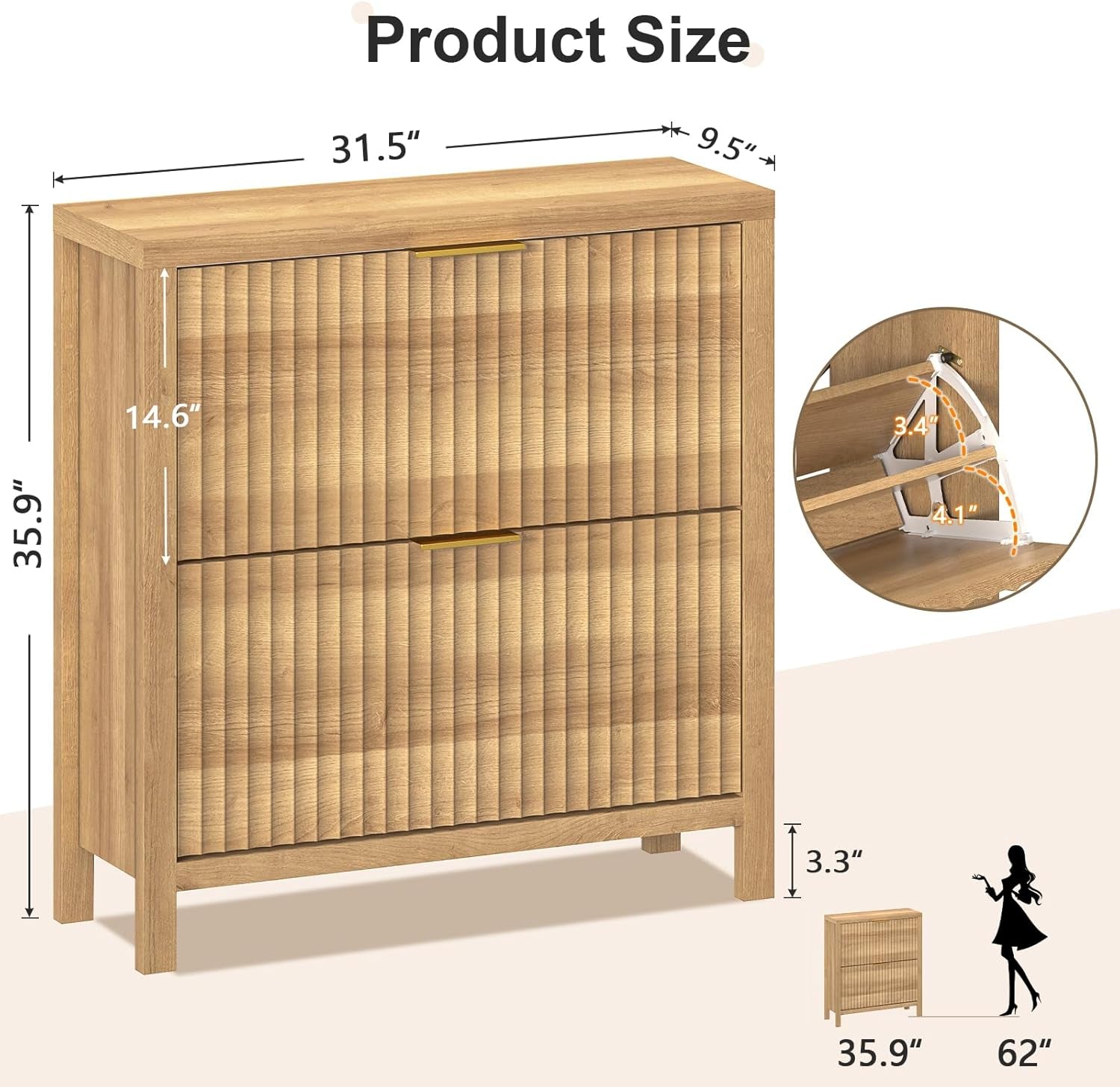 Shoe Cabinet Storage for Entryway, Fluted Shoe Cabinet with 2 Flip Drawers, Hidden Shoe Rack Tall Freestanding Shoe Organizer with Legs for Hallway, Oak