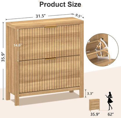 Shoe Cabinet Storage for Entryway, Fluted Shoe Cabinet with 2 Flip Drawers, Hidden Shoe Rack Tall Freestanding Shoe Organizer with Legs for Hallway, Oak