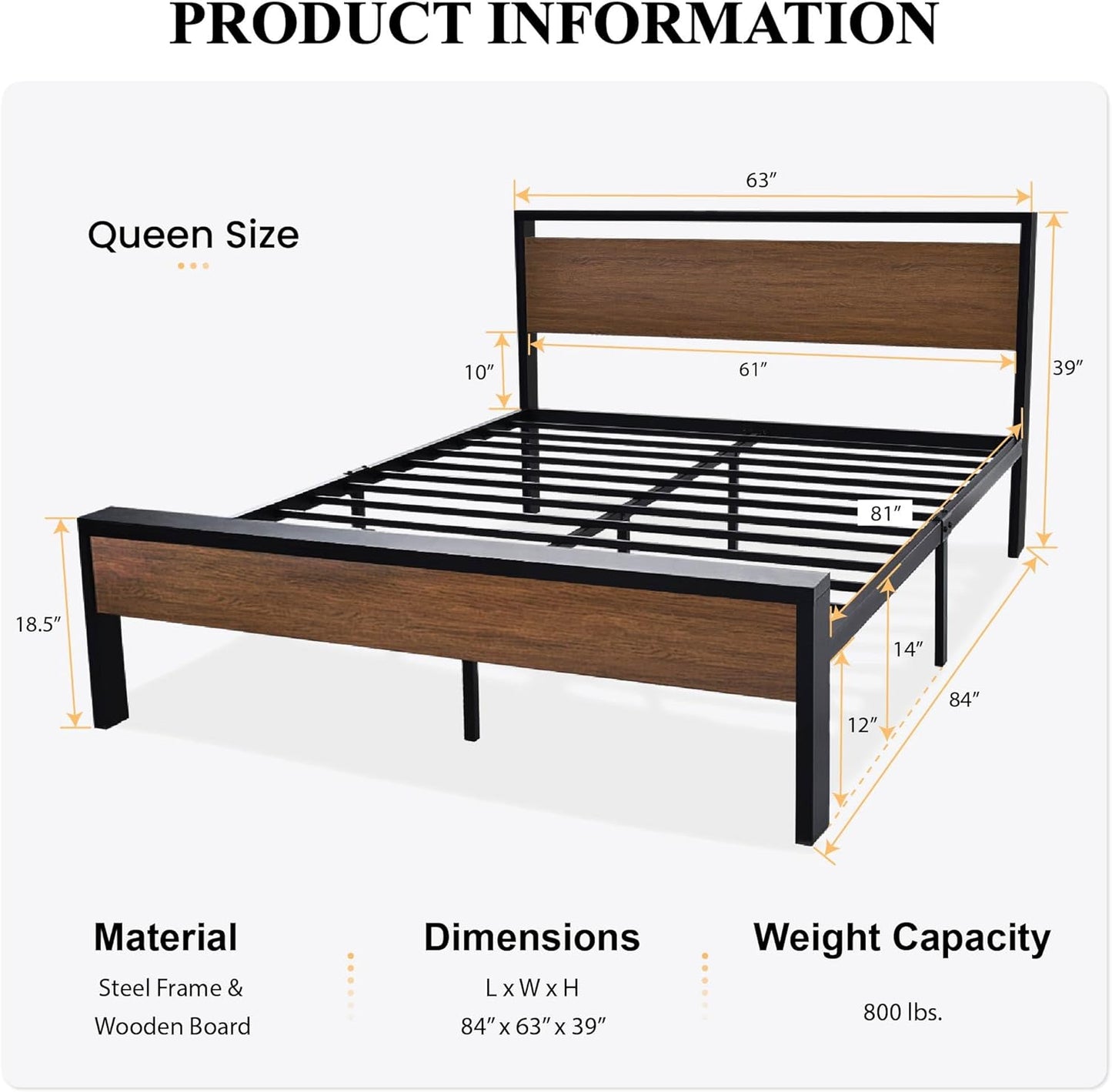 14 Inch Queen Size Metal Platform Bed Frame with Wooden Headboard and Footboard, Mattress Foundation, No Box Spring Needed, Large under Bed Storage, Non-Slip without Noise, Walnut