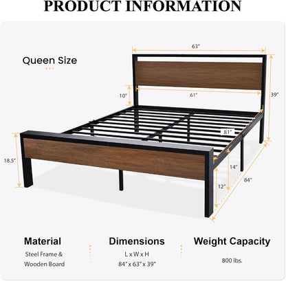 14 Inch Queen Size Metal Platform Bed Frame with Wooden Headboard and Footboard, Mattress Foundation, No Box Spring Needed, Large under Bed Storage, Non-Slip without Noise, Walnut