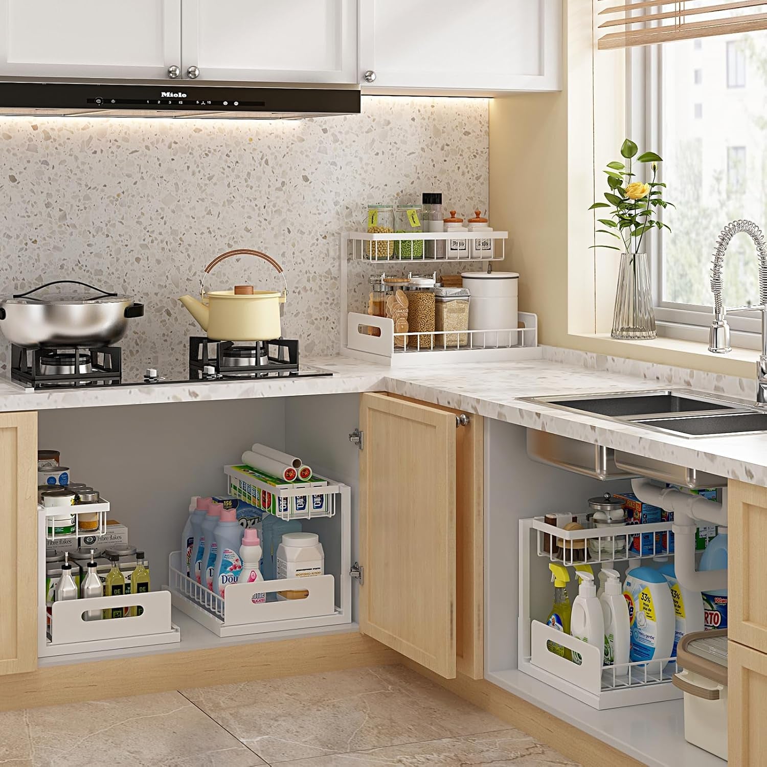 under Sink Organizer, Pull Out Cabinet Organizer 2 Tier Slide Out Sink Shelf Cabinet Storage Shelves, under Sink Storage for Kitchen Bathroom Cabinet, White, 1 Pack