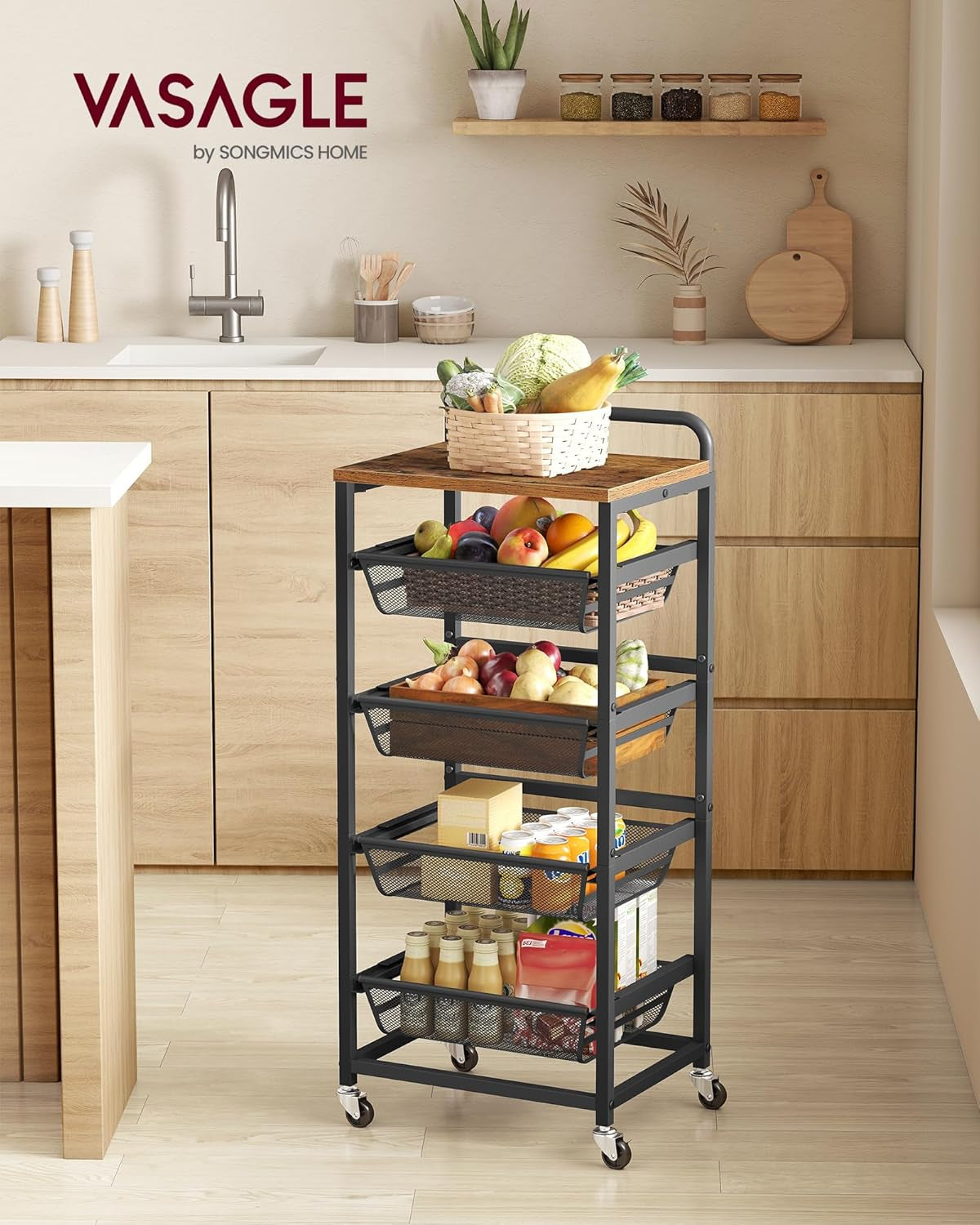 Storage Cart with Pull-Out Baskets, 5-Tier Kitchen Cart with Wheels, Handle, 12.5 X 15.8 X 37.4 Inches, Rustic Brown and Ink Black ULRC041K01