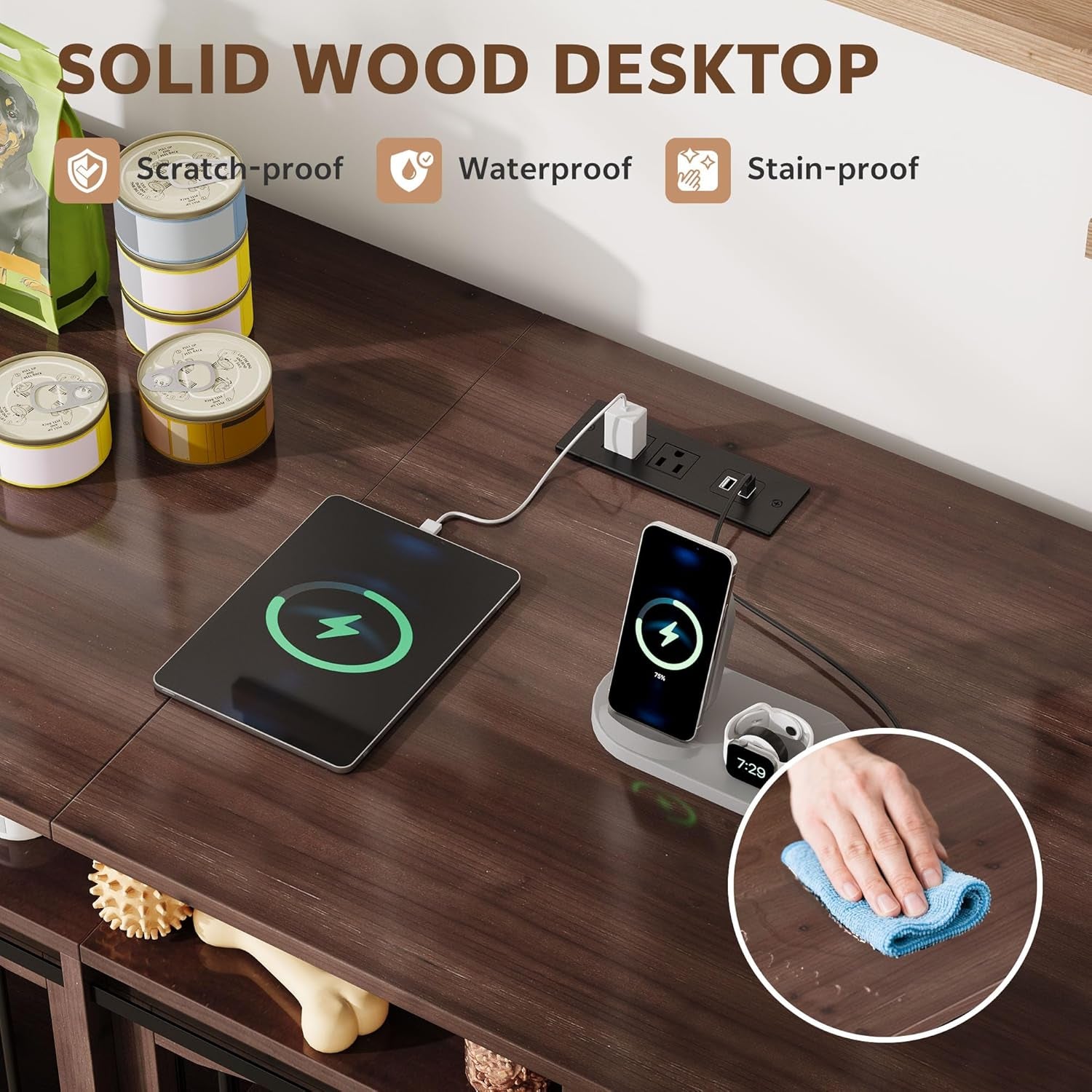 70.86" Double Dog Crate Furniture with Storage for 2 Medium Large Dogs Farmhouse Wooden Dog Kennel Furniture with 2 Sliding Doors Divider & Power Outlets Decorative Dog Cage TV Stand Brown