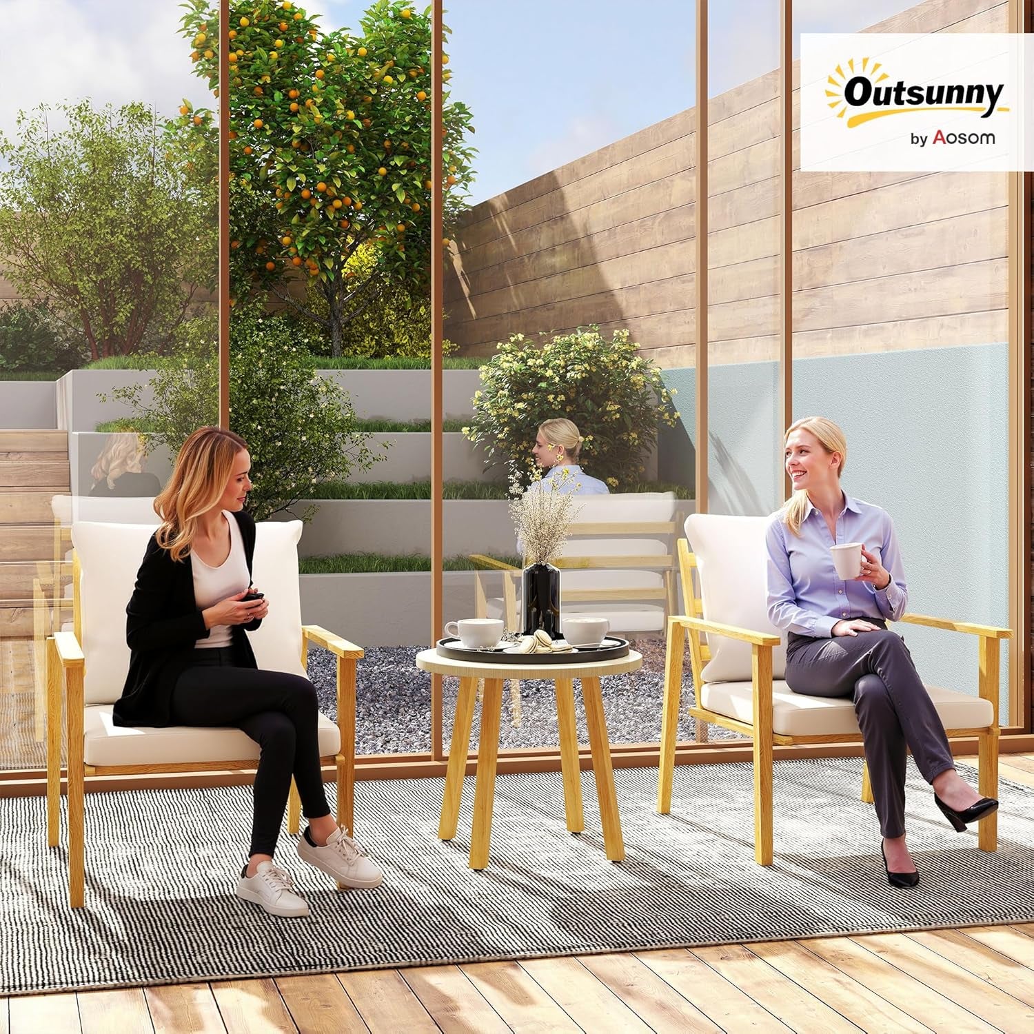 Outdoor Bistro Set, 3 Piece Patio Set, Wood Effect Steel round Table and Chairs with Wide and Deep Seat, Small Conversation Patio Furniture with Cushions for Backyard, Porch, Cream White