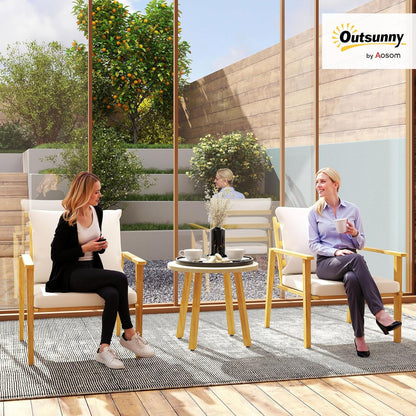 Outdoor Bistro Set, 3 Piece Patio Set, Wood Effect Steel round Table and Chairs with Wide and Deep Seat, Small Conversation Patio Furniture with Cushions for Backyard, Porch, Cream White