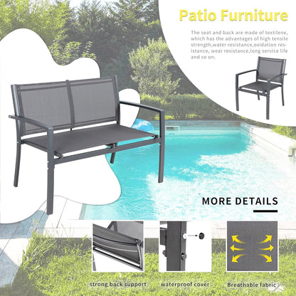 4 Pieces Patio Furniture Set All Weather Textile Fabric Outdoor Conversation Set, with Glass Coffee Table, Loveseat, 2 Single Chairs for Home, Garden, Lawn, Porch（Gray）
