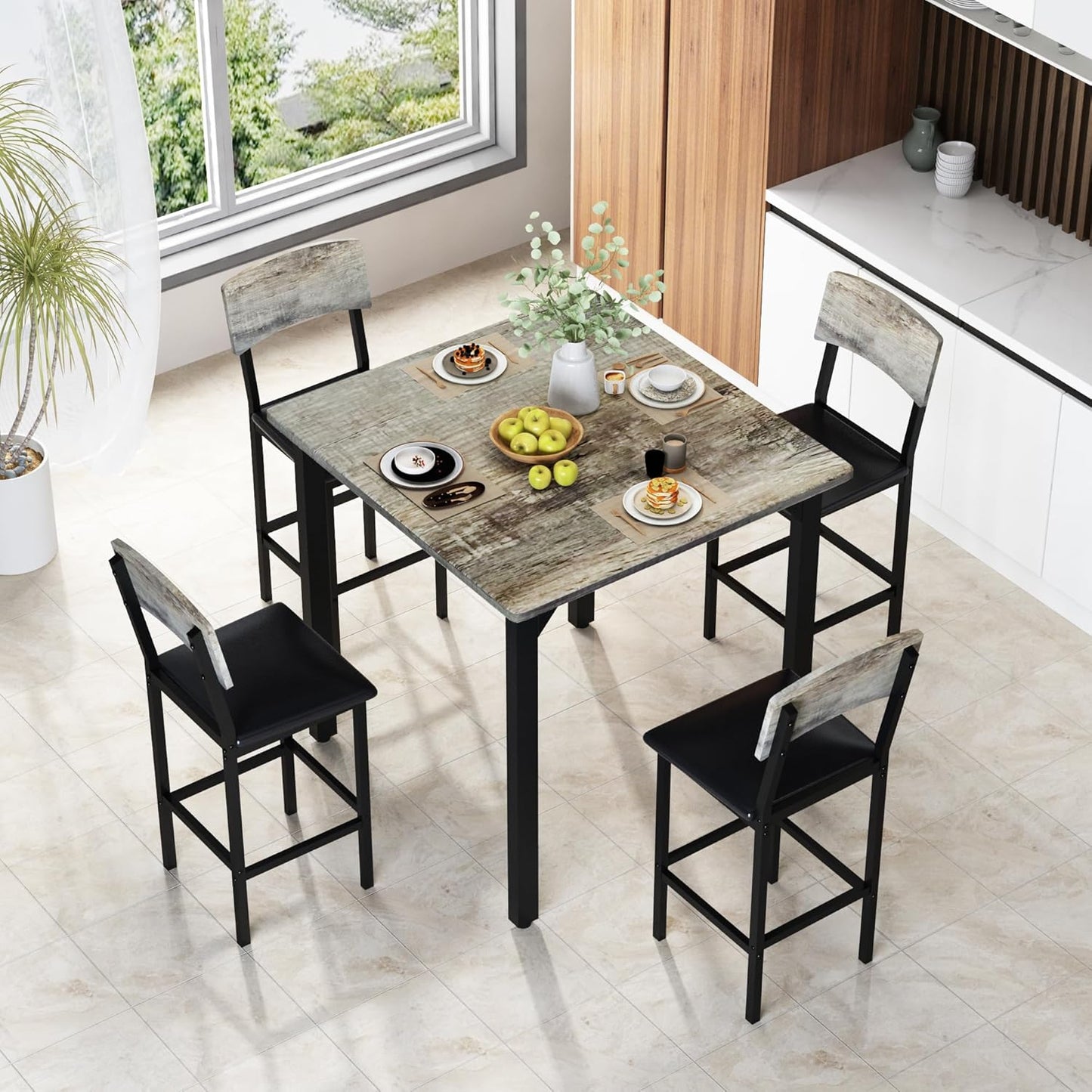 5-Piece Dining Table Set, Dining Table Set for 4, Counter Height Table & 4 Bar Stools, Modern Kitchen Dining Set, with Upholstered Chairs, Compact Dining Set for Small Spaces, Gray