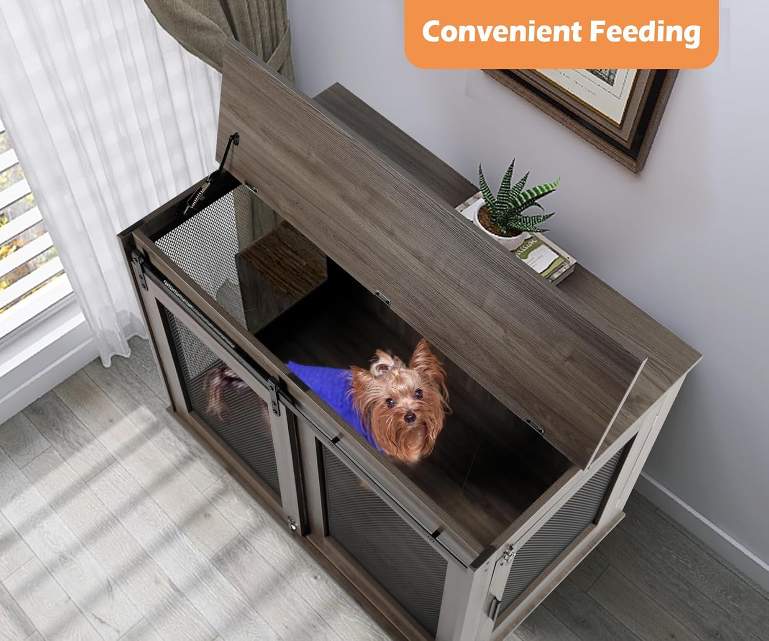 47 Inch XL Dog Crate Furniture, Wooden Heavy Duty Dog Kennel Indoor, Decorative Dog Cage Table for Extra Large Dogs, with Sliding Doors, Wheels and Flip-Top Plate
