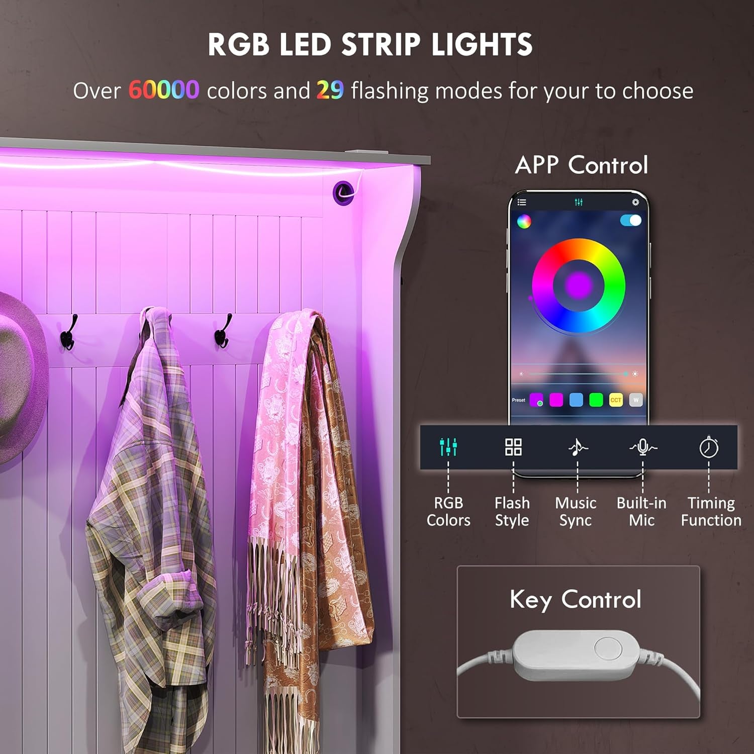 3-In-1 Hall Tree with LED Lights and Shoe Storage, Standing Coat Rack with Shoe Bench, Entryway Furniture with Five Hooks, Gray