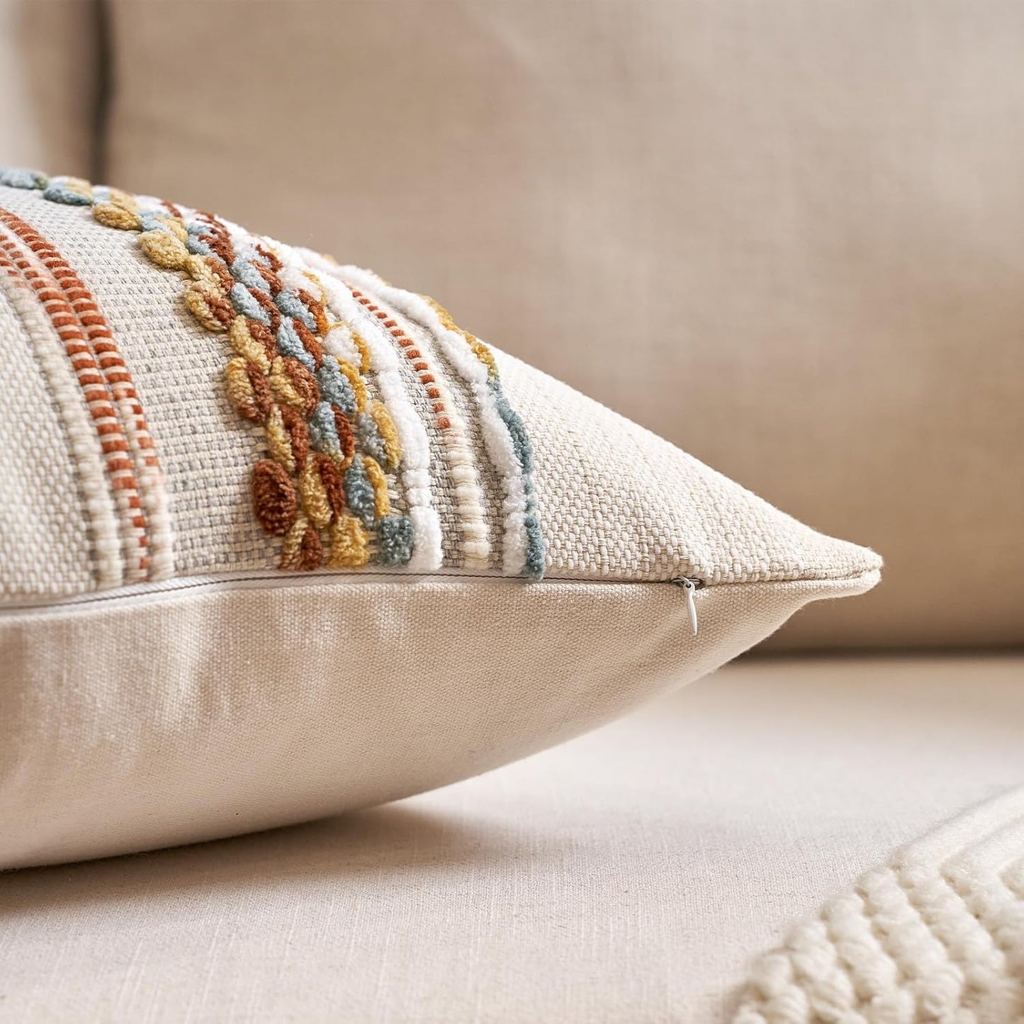 Boho Throw Pillow Covers 18X18 Inch Set of 2, Farmhouse Decorative Striped Square Pillow Covers Chenille Tufted Pillow Cases Accent Neutral Pillowcase for Living Room Couch Bed, Orange White