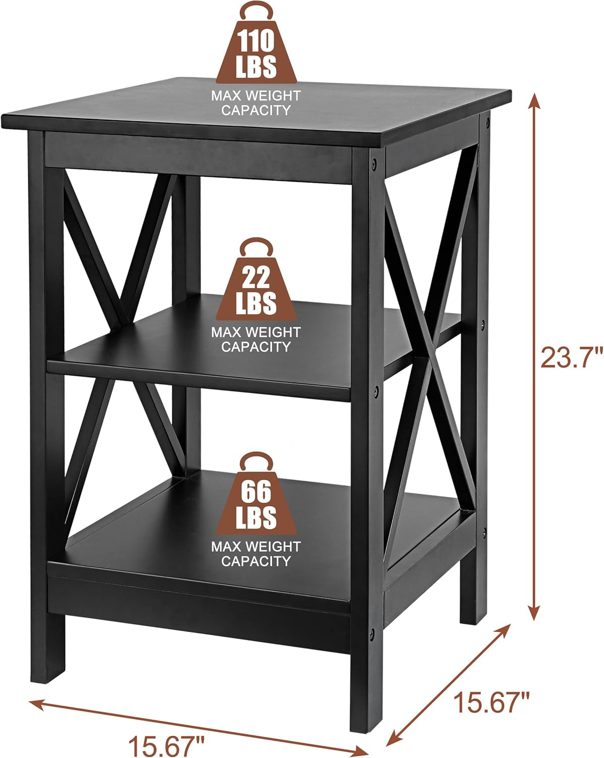 3-Tier End Table with Storage Shelves Versatile X-Design Wood Sofa Side Table for Living Room Bedroom Apartment Small Spaces, Black