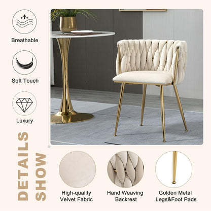 Modern Velvet Dining Chairs Hand Weaving Accent Chairs Living Room Chairs Upholstered Side Chair with Golden Metal Legs for Dining Room Kitchen Vanity Living Room (Ivory)