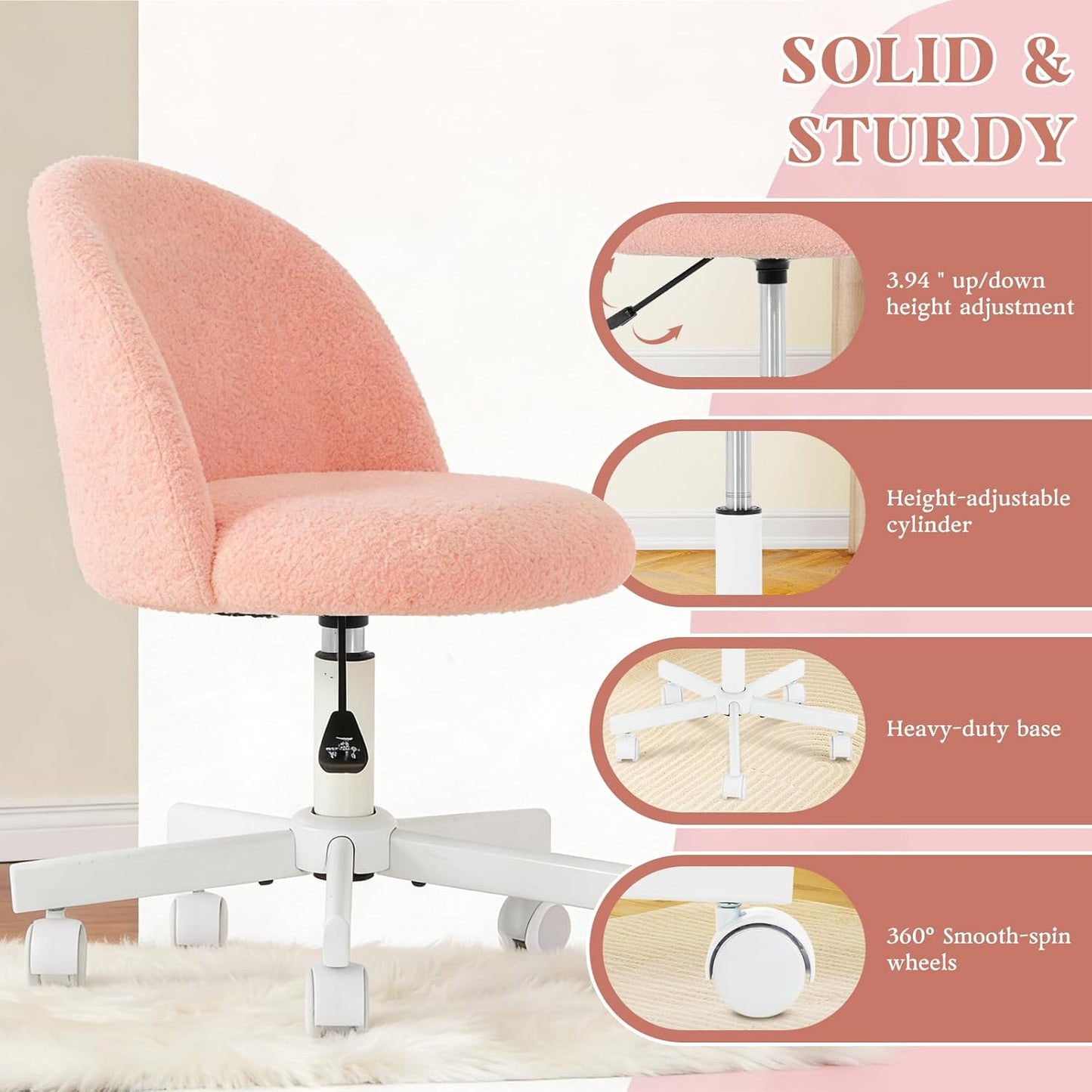 Pink Vanity Chair with Wheels - Swivel Makeup Chair Small Computer Chair with Back Adjustable Height Desk Chair for Girl & Woman, Cozy Fuzzy Velvet Chair for Bedroom & Home Office