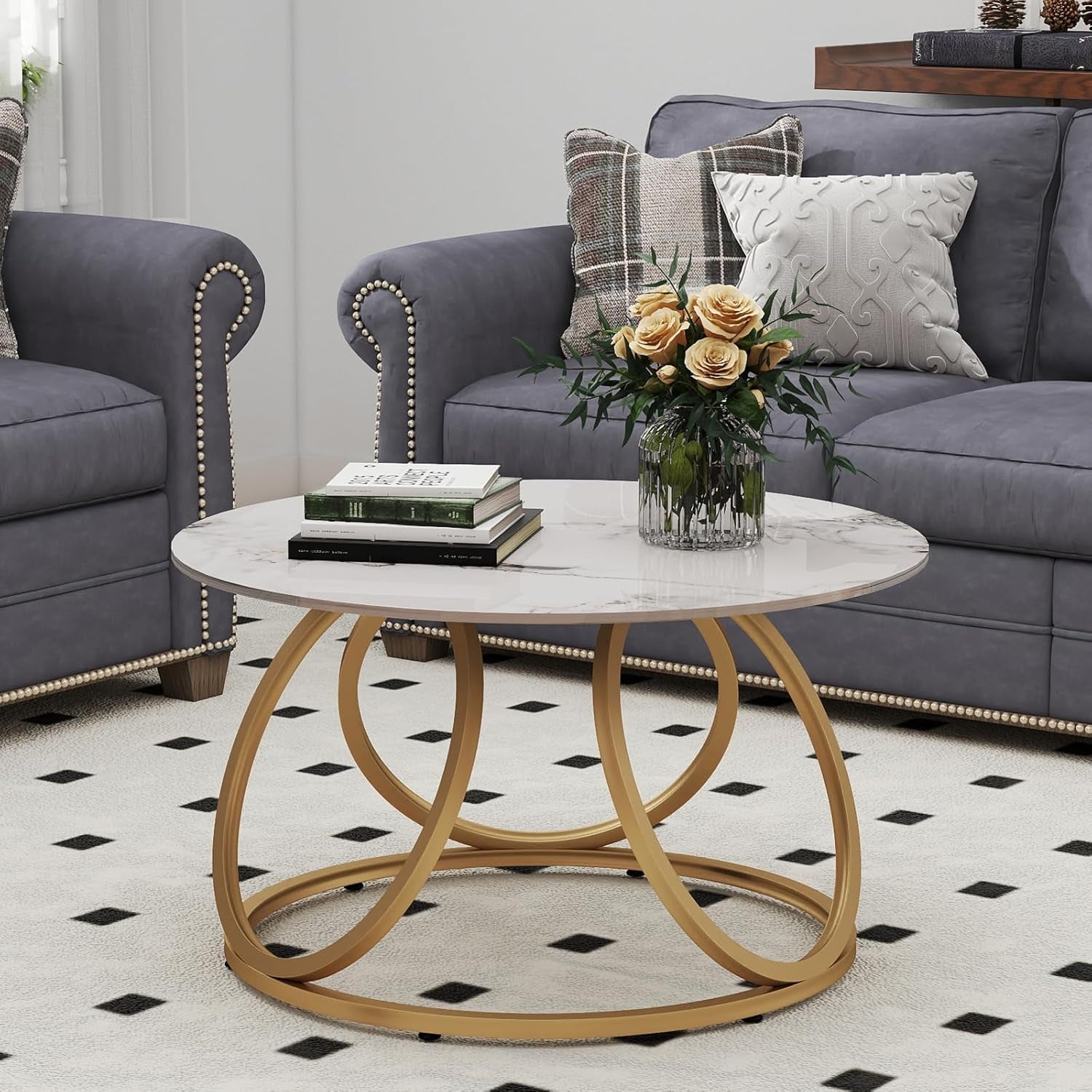 round Coffee Table for Living Room, Modern Coffee Table with Marbling Natural Stone, Gold & White