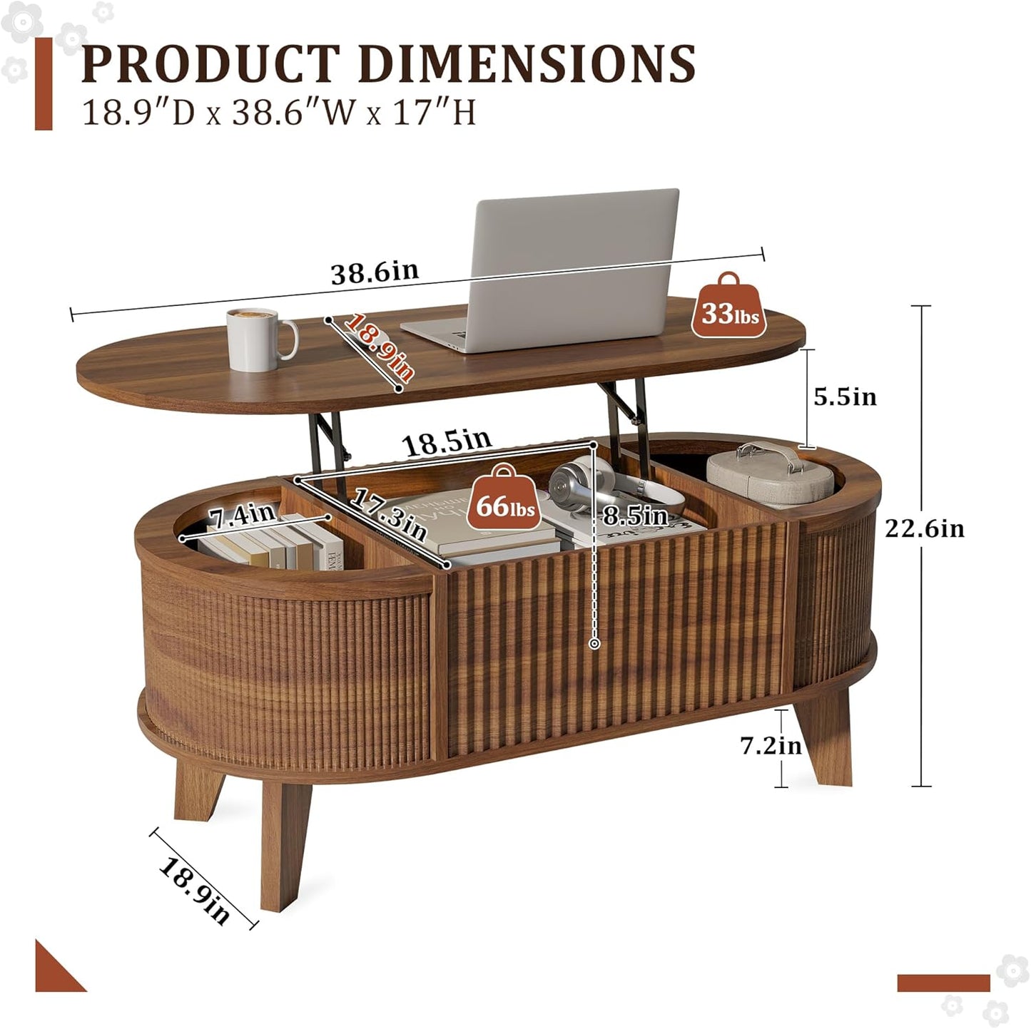 Fluted Lift Top Coffee Table with Storage,Modern Oval Coffee Table for Living Room or Home Office（Walnut）