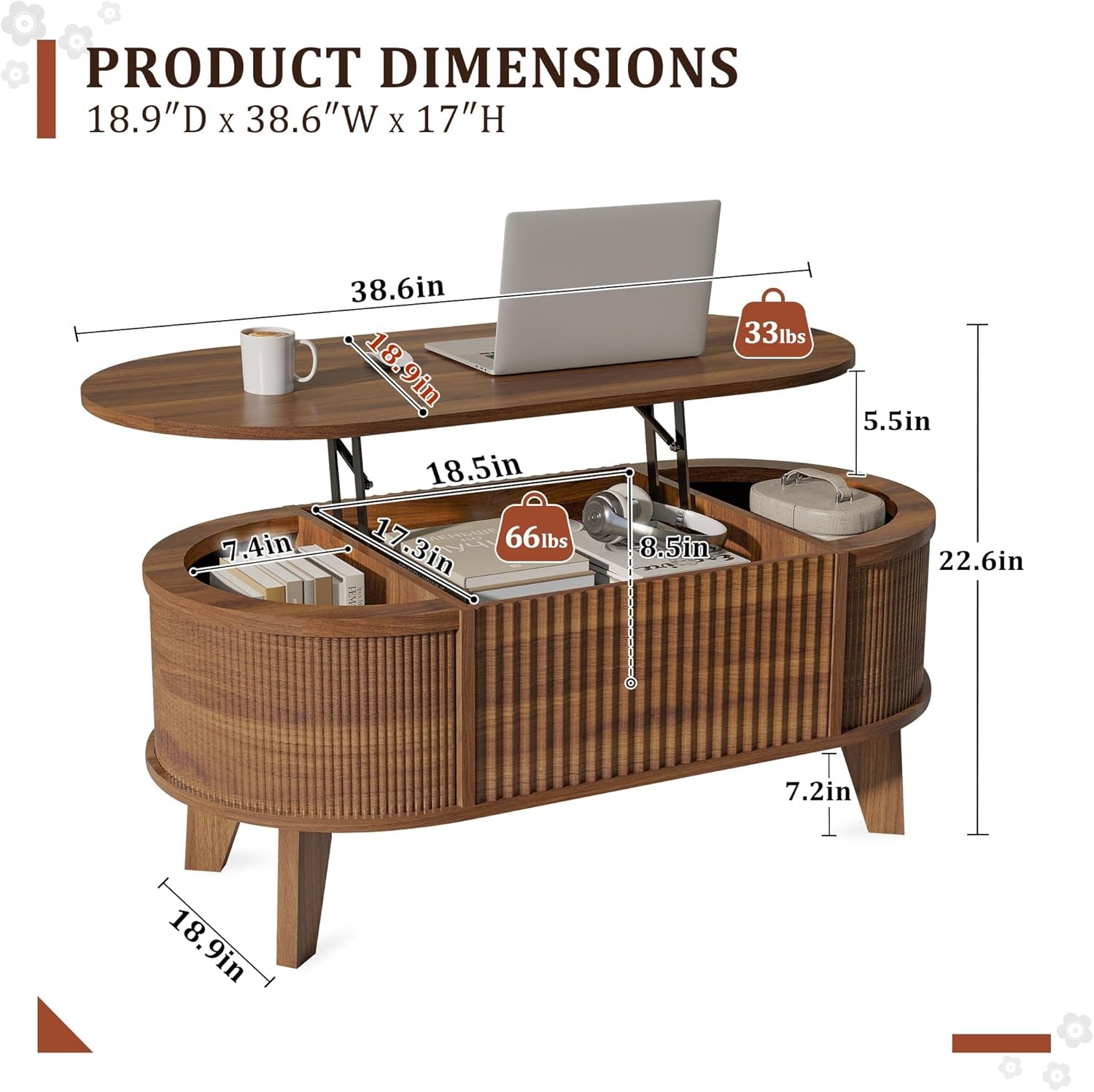Fluted Lift Top Coffee Table with Storage,Modern Oval Coffee Table for Living Room or Home Office（Walnut）