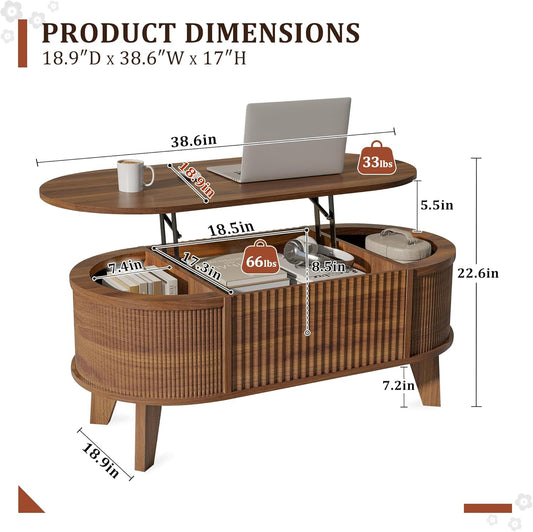 Fluted Lift Top Coffee Table with Storage,Modern Oval Coffee Table for Living Room or Home Office（Walnut）