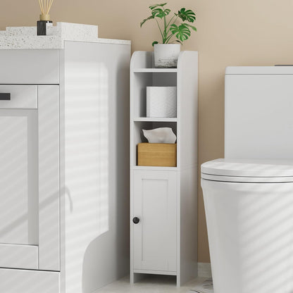 Small Bathroom Storage Corner Floor Cabinet with Door and Shelves, beside the Toilet Paper Stand for Skinny, Narrow Toilet Paper Cabinet, 7.9" D X 7.1" W X 31" H, White