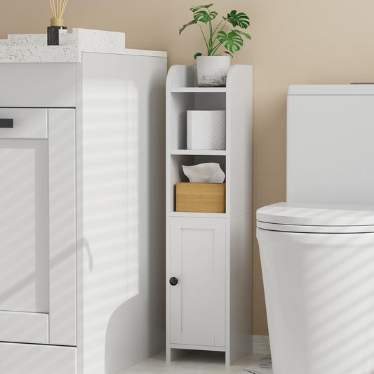Small Bathroom Storage Corner Floor Cabinet with Door and Shelves, beside the Toilet Paper Stand for Skinny, Narrow Toilet Paper Cabinet, 7.9" D X 7.1" W X 31" H, White