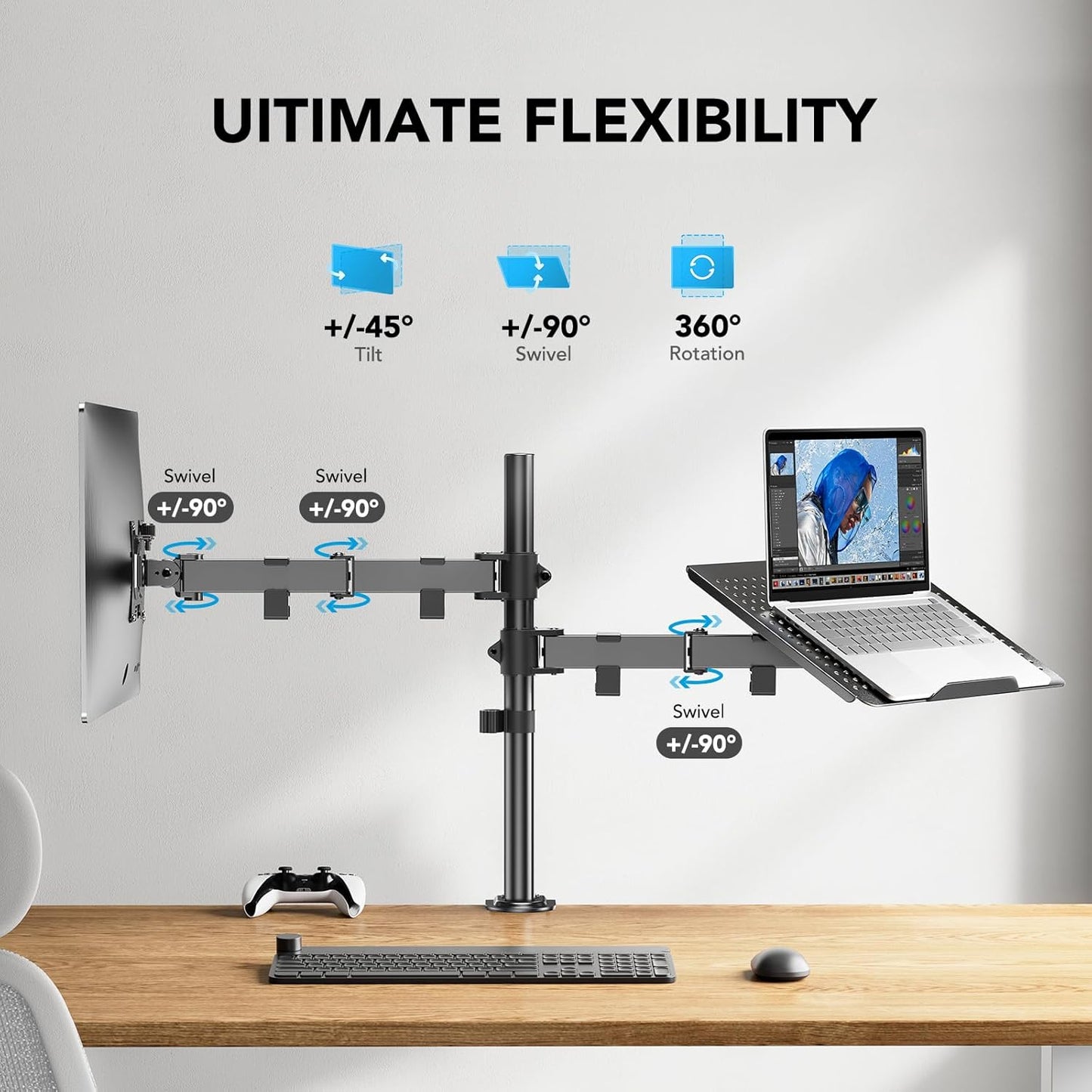 Adjustable Monitor Stand, Single Arm Desk Mount for 32 Inch Screen and 17 Inch Laptop, Heavy Duty Ergonomic Bracket Holds 22Lbs