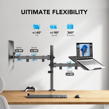 Adjustable Monitor Stand, Single Arm Desk Mount for 32 Inch Screen and 17 Inch Laptop, Heavy Duty Ergonomic Bracket Holds 22Lbs