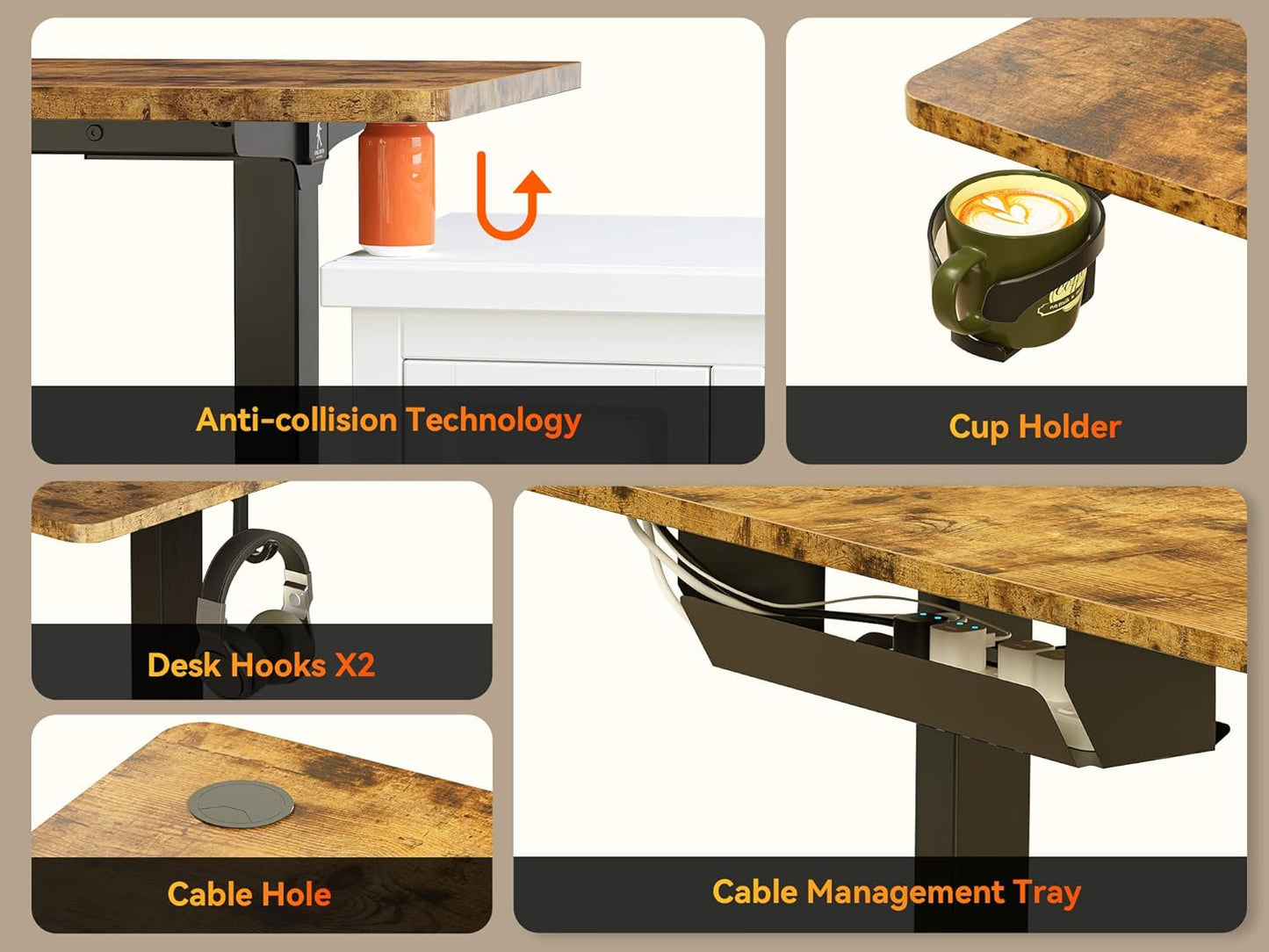 63X55 Inches Reversible L Shaped Standing Desk Height Adjustable with Cup Holder, Electric Corner Computer Desk, Sit Stand up Home Office Desk, Ergonomic Gaming Desk, Rustic Brown