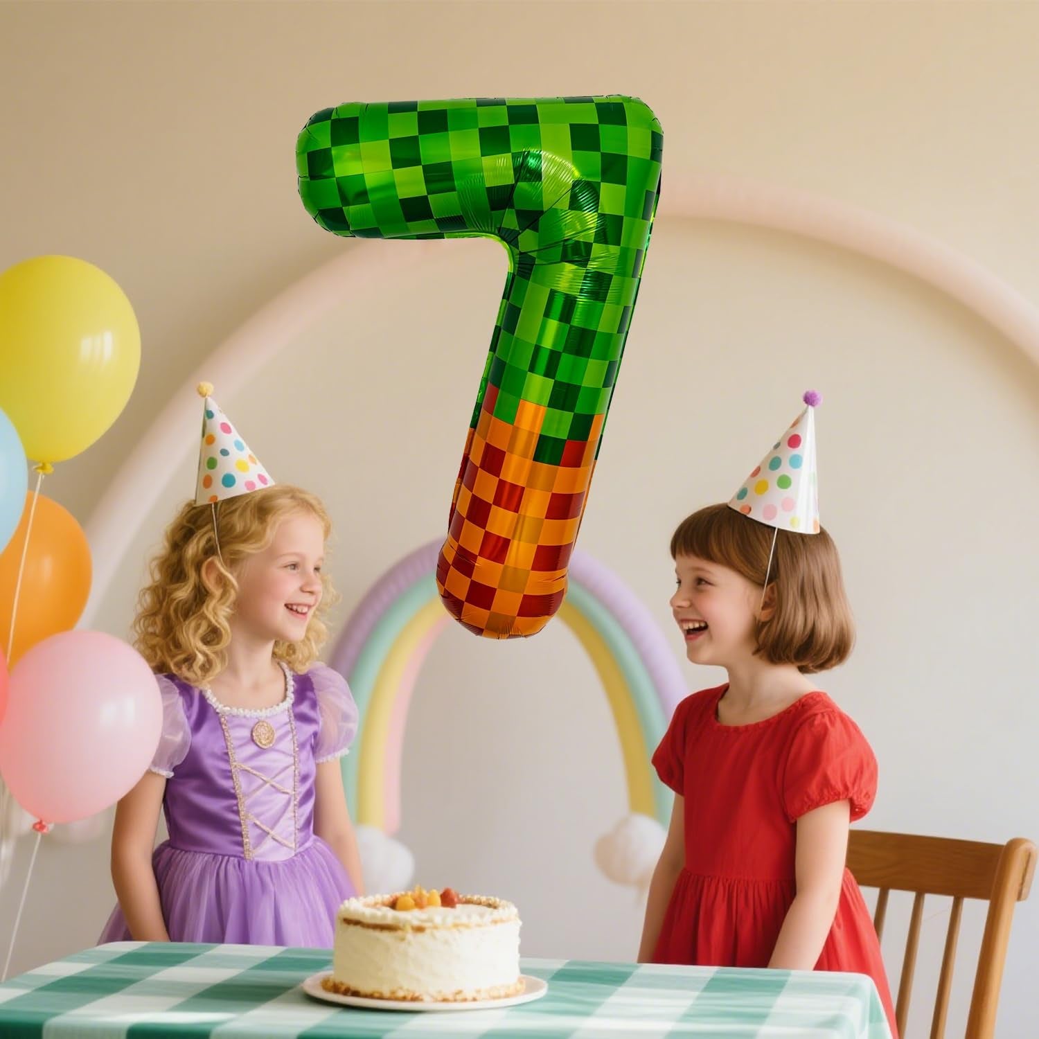 Pixel & TNT Theme 40In Giant Number Balloons - Foil Mylar Birthday Party Decorations for Kids Adults Cumpleaños, Block Style Pixel Art Shape Balloon Decor Supplies (Pixel, Number 7)