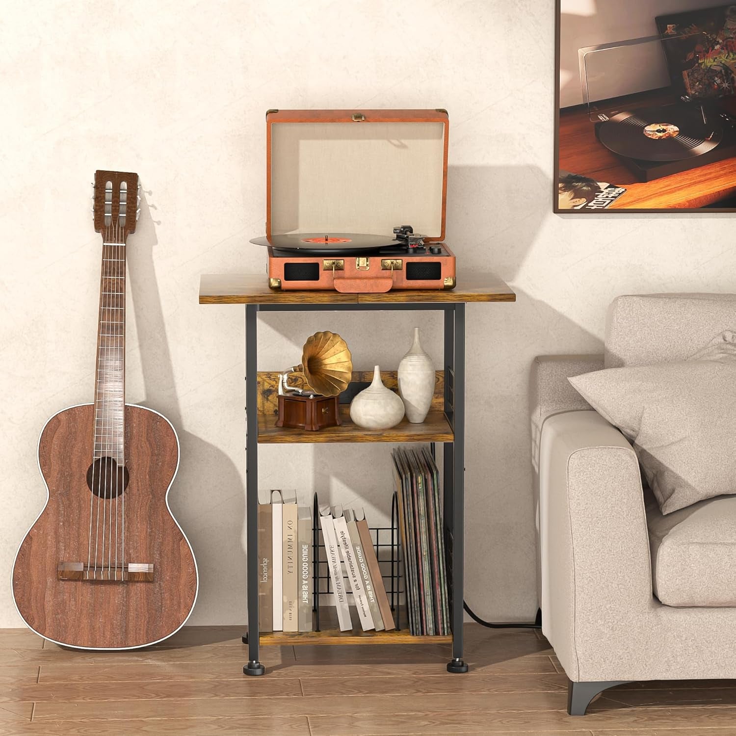 Record Player Stand with Charging Station, 3 Tier Turntable Stand with Storage Cabinet, Vinyl Storage End Table Hold up to 200 Albums, Record Table for Vinyl, Living Room, 23.6" W X 15.7" D