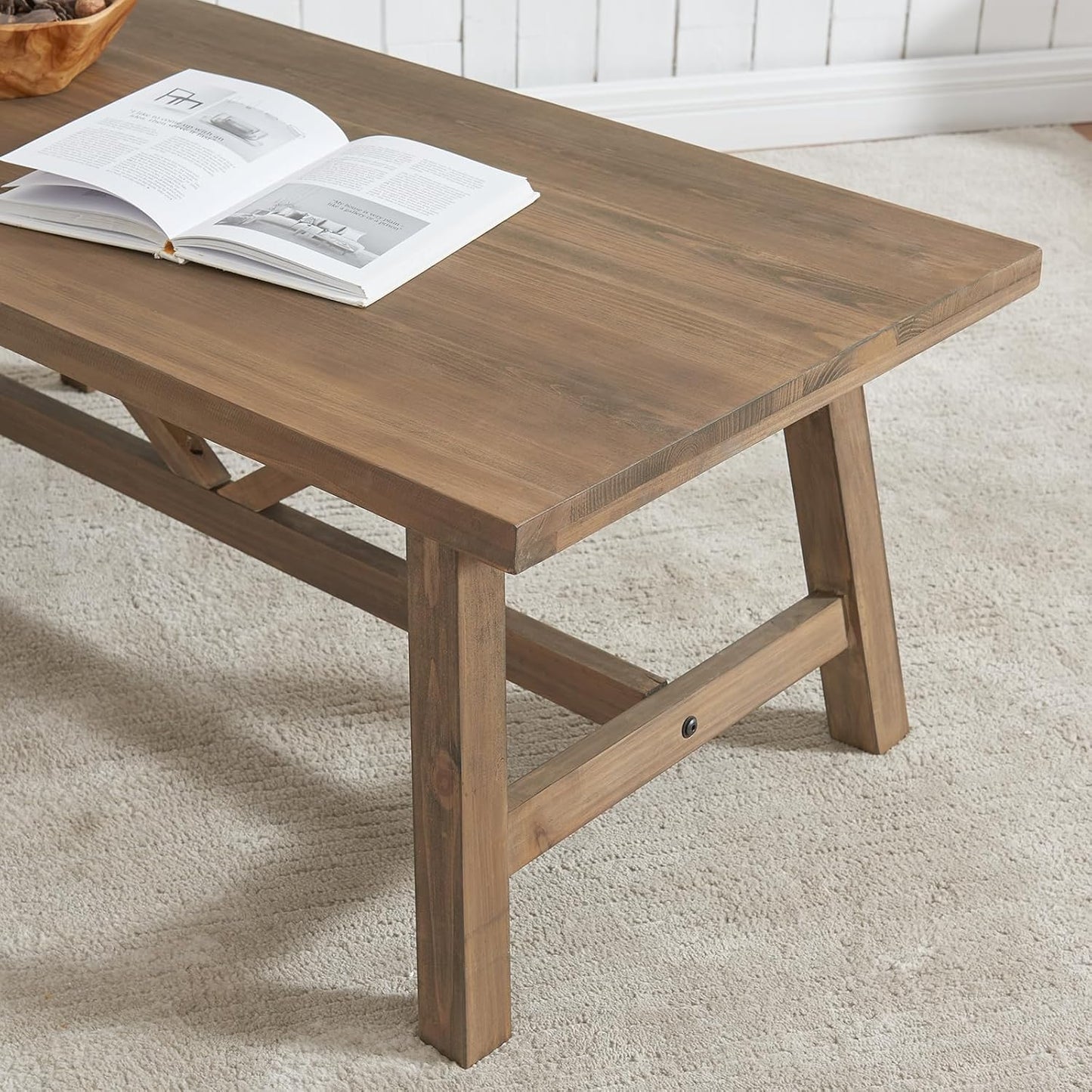 Farmhouse 43" Coffee Table,Solid Wood Center Tables for Living Room and Office, Rustic Wooden Rectangular Table with V-Shaped Support, Natural