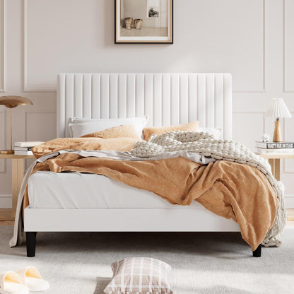 Queen Upholstered Platform Bed Frame with Vertical Channel Tufted Velvet Fabric Adjustable Headboard, Wooden Slats Support, Mattress Foundation, Box Spring Optional, White