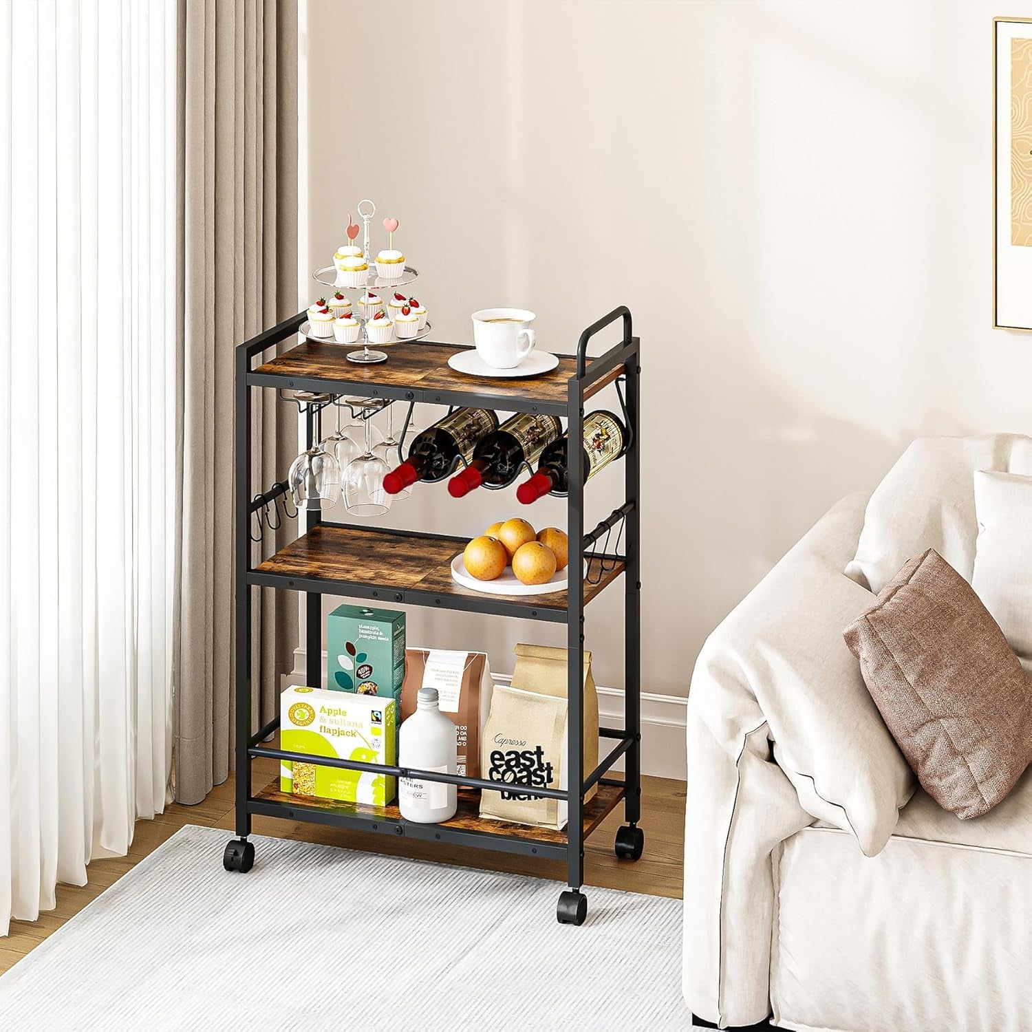 Bar Cart, Serving Cart for Home, Microwave Cart, Drink Cart, Mobile Kitchen Shelf with Wine Rack and Glass Holder, Rolling Beverage Cart for Dining Room(Rustic Brown and Black)