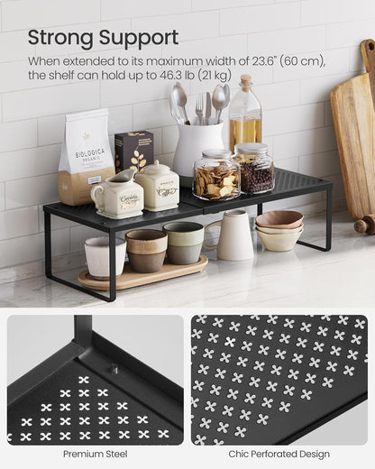 Expandable Pantry Kitchen Organizers, Adjustable Spice Rack, Stackable Cabinet Organizers, Metal, Space-Saving Tabletop Shelves, Matte Black UKCS007B01