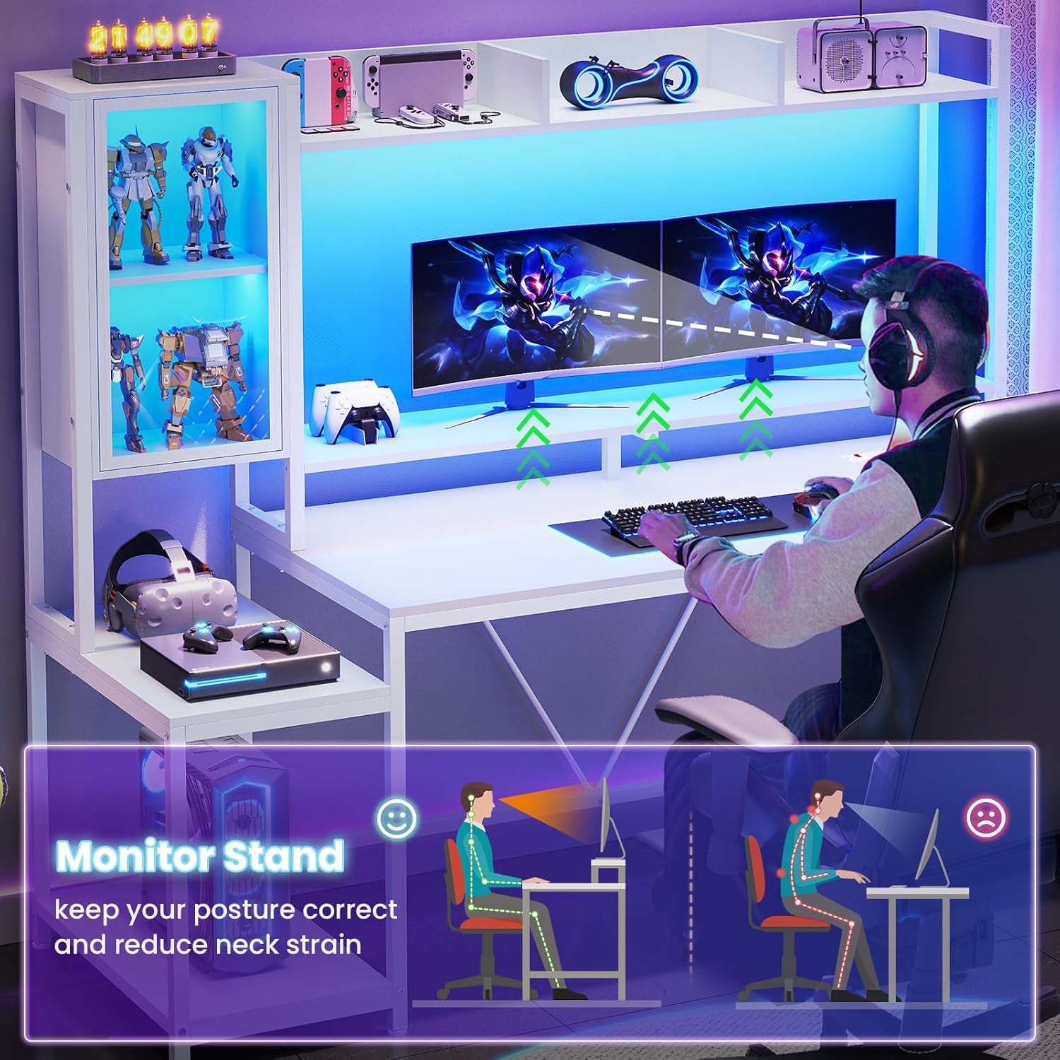 White Gaming Desk, 60'' Gaming Desk with Hutch and LED Lights, Computer Desk with Storage Shelves, Large PC Gamer Desk with Display Cabinet, Monitor Stand, Power Outlet for Home Office