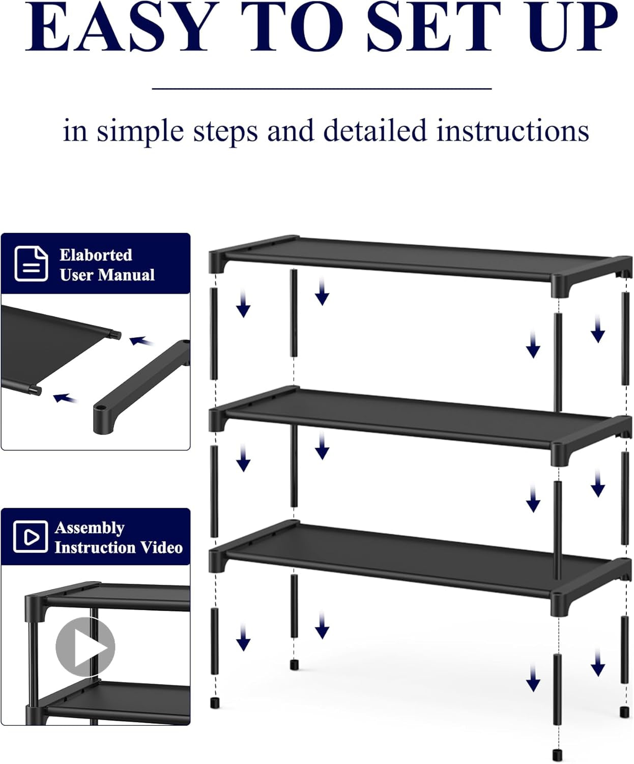 Shoe Rack - Non-Woven Shoe Rack Shelf, Shoe Organizer for Closet, Entryway, Garage & Corridor, Stackable Shoe Shelves, 27.5" Wide - 3 Tier, Black